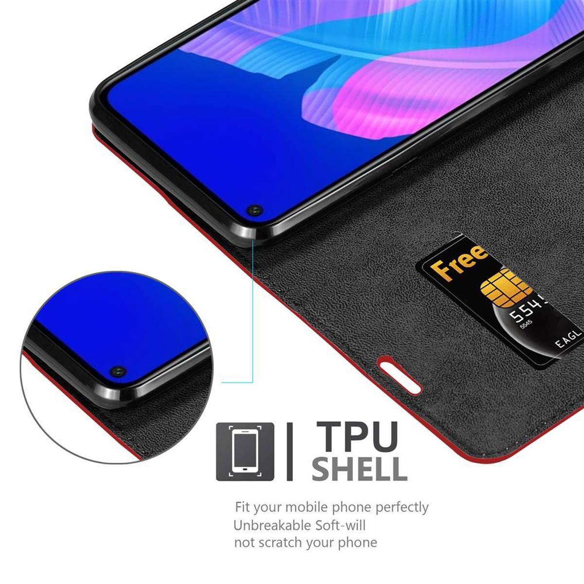 Cadorabo Hülle für Huawei P40 LITE E Schutz Hülle in Rot Handyhülle Etui Case Cover Magnetverschluss