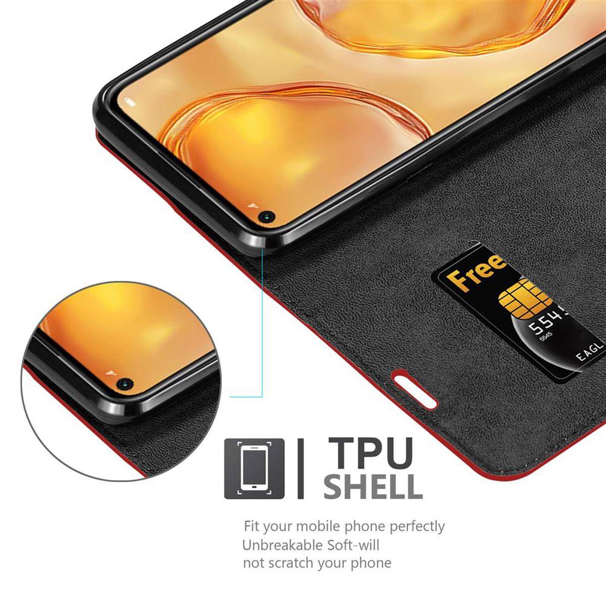 Cadorabo Hülle für Huawei NOVA 6 SE / P40 LITE / NOVA 7i Schutz Hülle in Rot Handyhülle Etui Case Cover Magnetverschluss