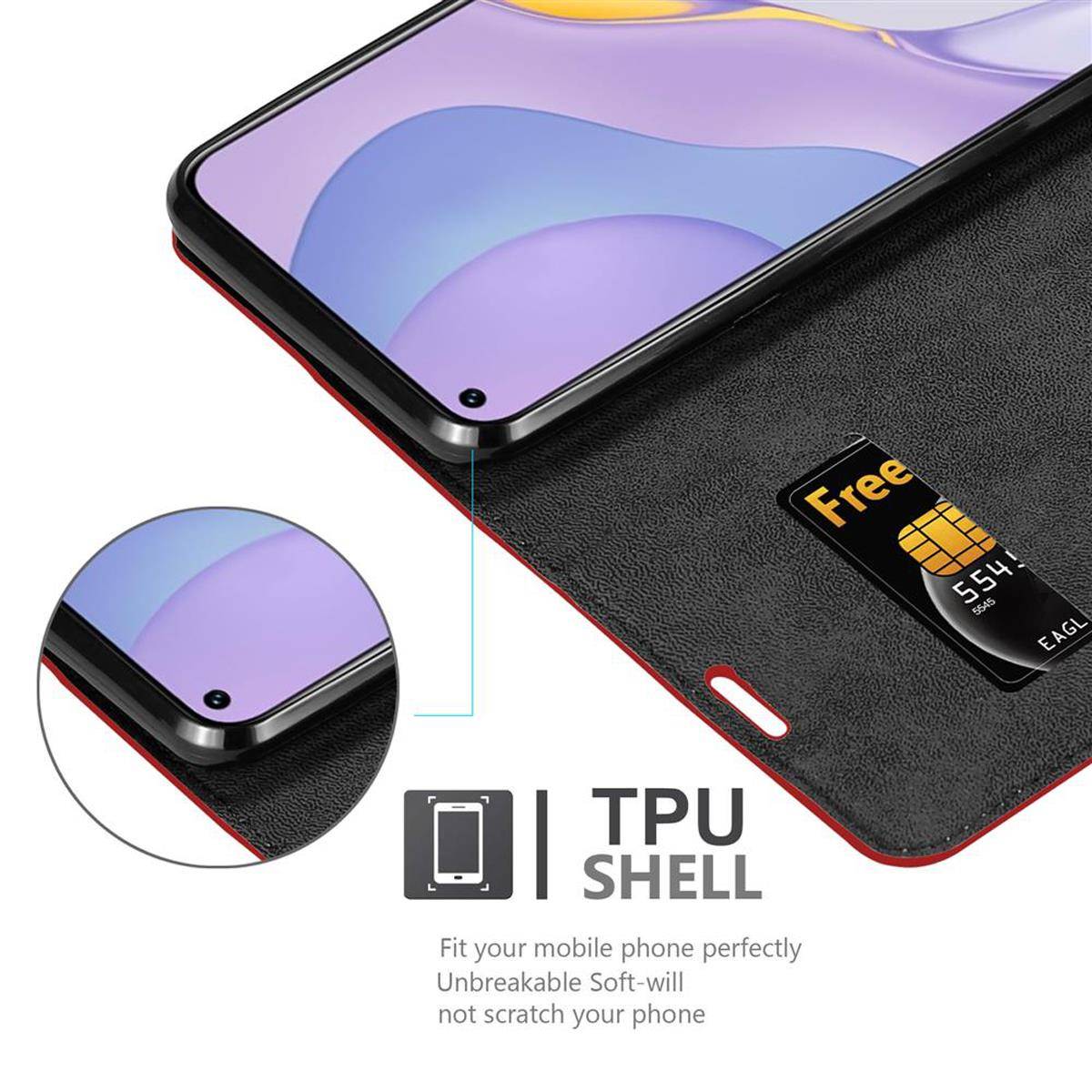 Cadorabo Hülle für Huawei NOVA 7 5G Schutz Hülle in Rot Handyhülle Etui Case Cover Magnetverschluss