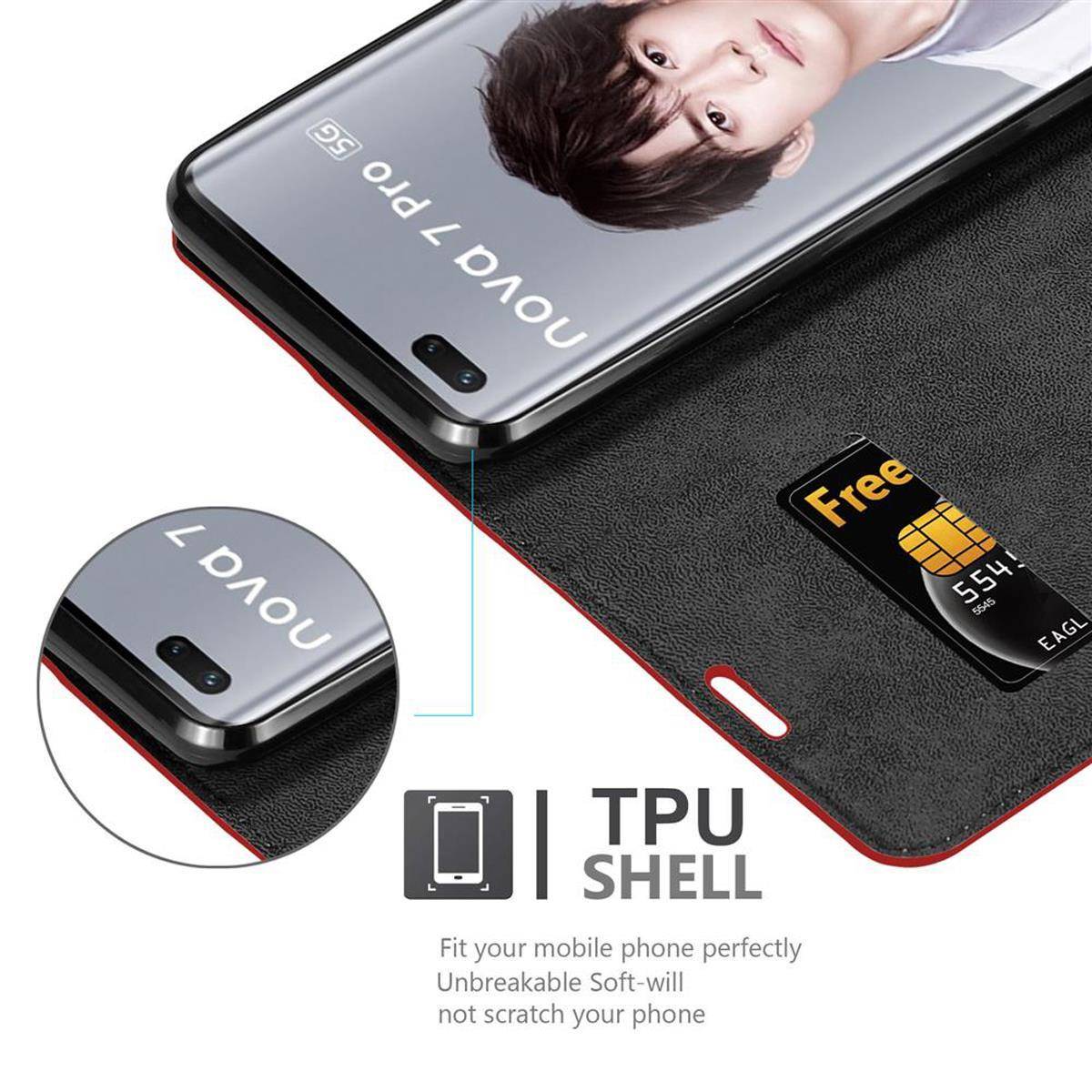 Cadorabo Hülle für Huawei NOVA 7 PRO 5G Schutz Hülle in Rot Handyhülle Etui Case Cover Magnetverschluss
