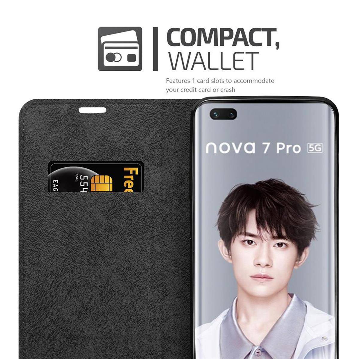 Cadorabo Hülle für Huawei NOVA 7 PRO 5G Schutz Hülle in Schwarz Handyhülle Etui Case Cover Magnetverschluss