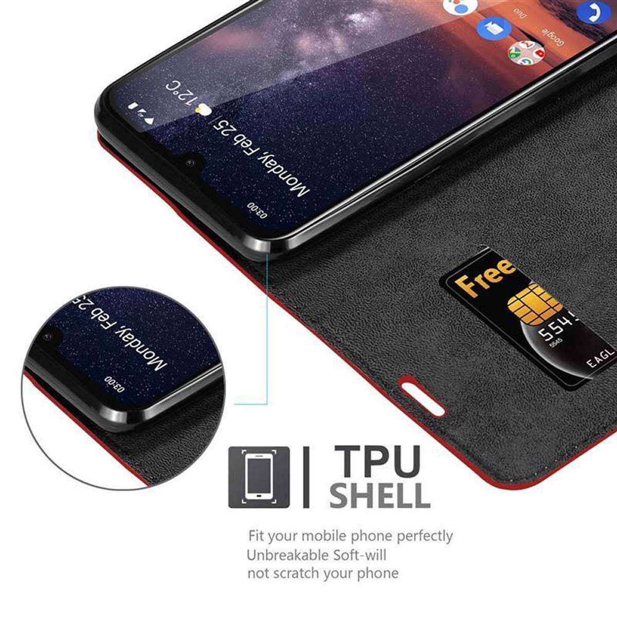 Cadorabo Hülle für Nokia 3.2 Schutz Hülle in Rot Handyhülle Etui Case Cover Magnetverschluss