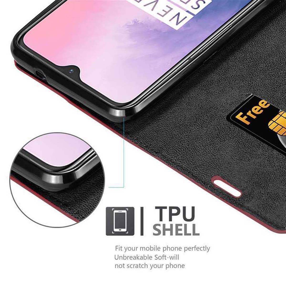 Cadorabo Hülle für OnePlus 7 Schutz Hülle in Rot Handyhülle Etui Case Cover Magnetverschluss