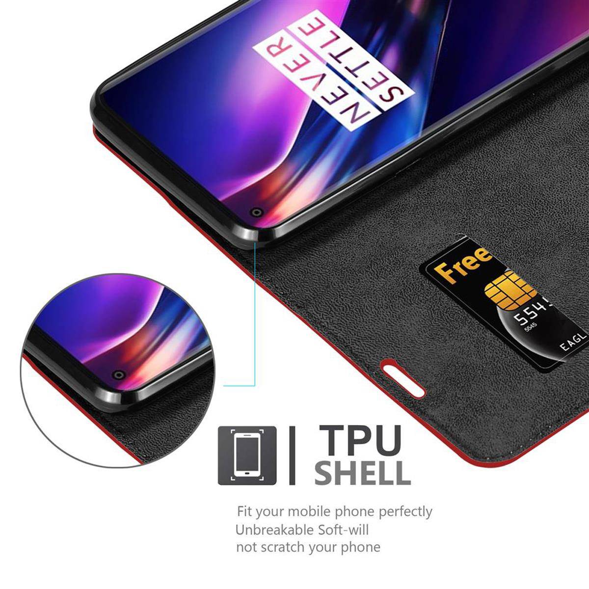 Cadorabo Hülle für OnePlus 8 Schutz Hülle in Rot Handyhülle Etui Case Cover Magnetverschluss