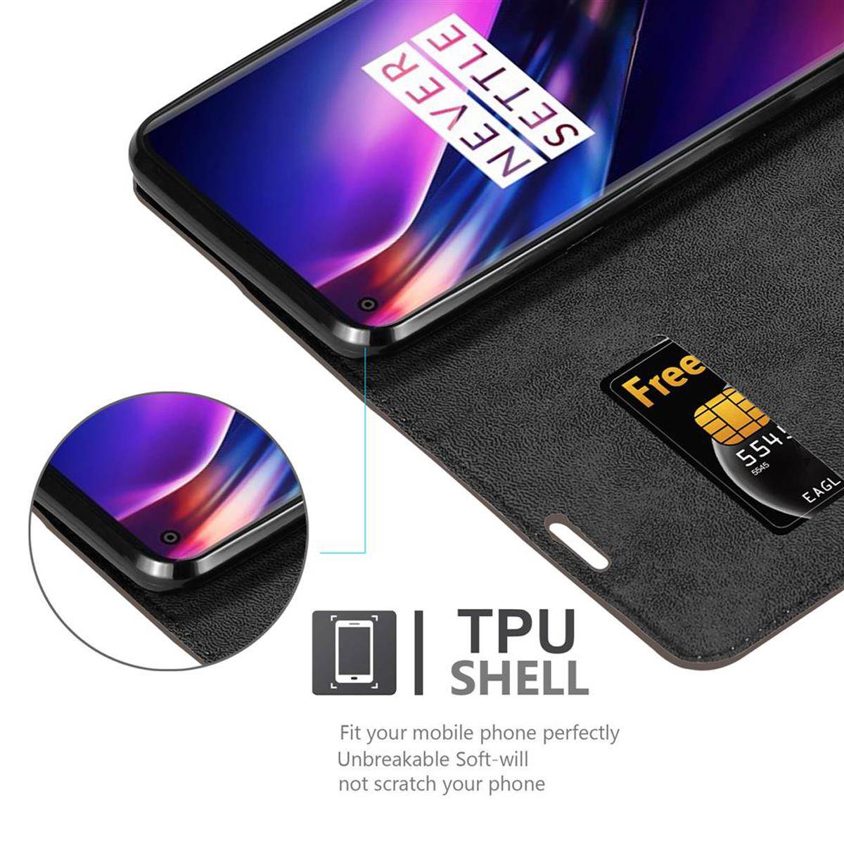 Cadorabo Hülle für OnePlus 8 Schutz Hülle in Braun Handyhülle Etui Case Cover Magnetverschluss