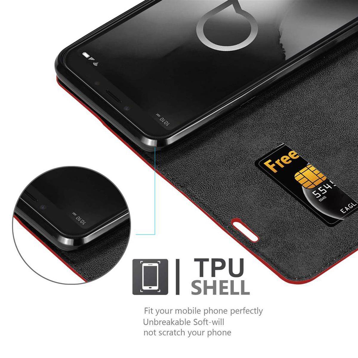 Cadorabo Hülle für Alcatel 1S 2019 Schutz Hülle in Rot Handyhülle Etui Case Cover Magnetverschluss