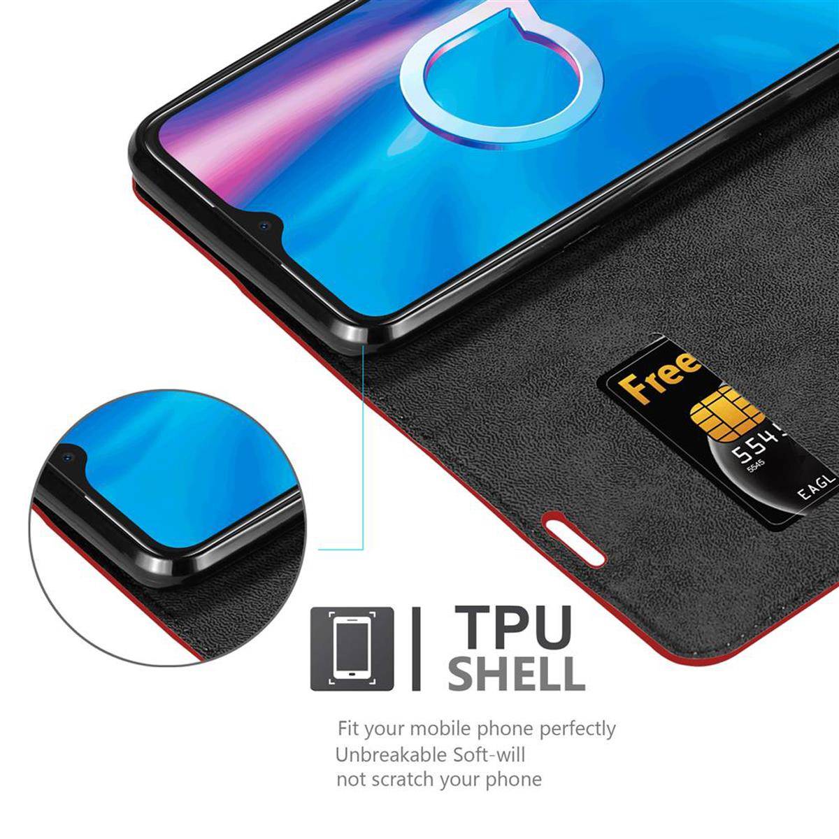 Cadorabo Hülle für Alcatel 1S 2020 Schutz Hülle in Rot Handyhülle Etui Case Cover Magnetverschluss
