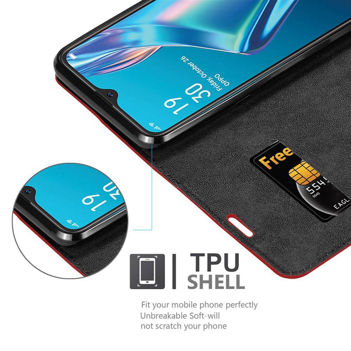 Cadorabo Hülle für Oppo A12 Schutz Hülle in Rot Handyhülle Etui Case Cover Magnetverschluss