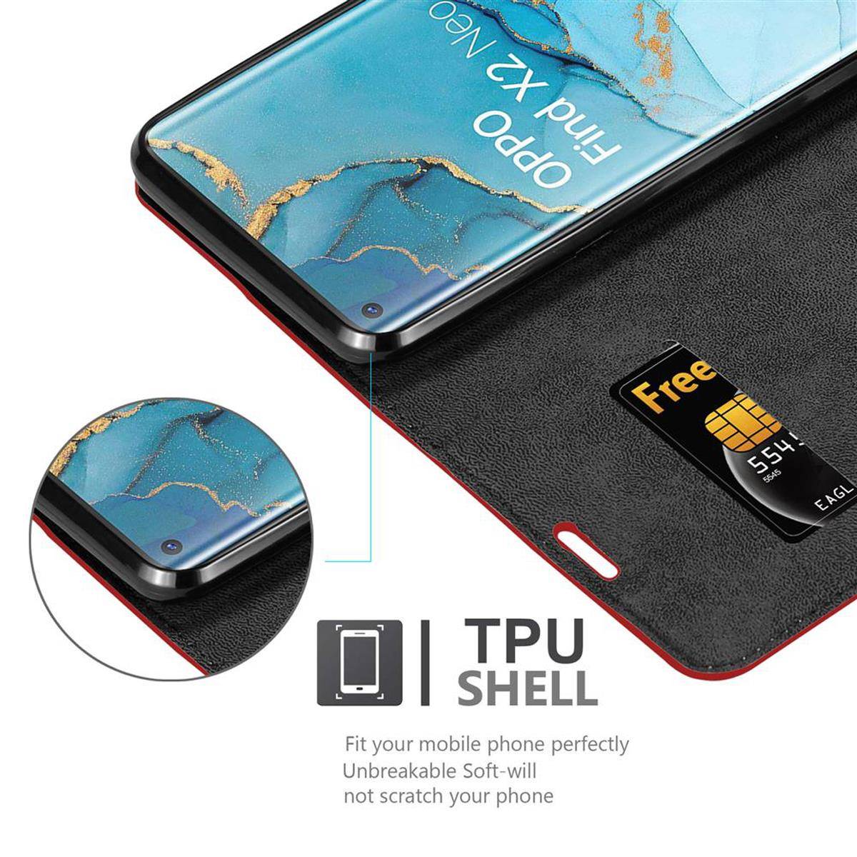 Cadorabo Hülle für Oppo FIND X2 PRO Schutz Hülle in Rot Handyhülle Etui Case Cover Magnetverschluss