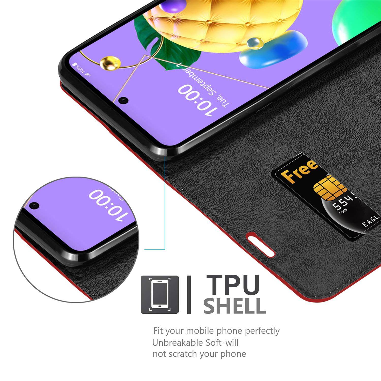 Cadorabo Hülle für LG K52 / K62 / Q52 Schutz Hülle in Rot Handyhülle Etui Case Cover Magnetverschluss