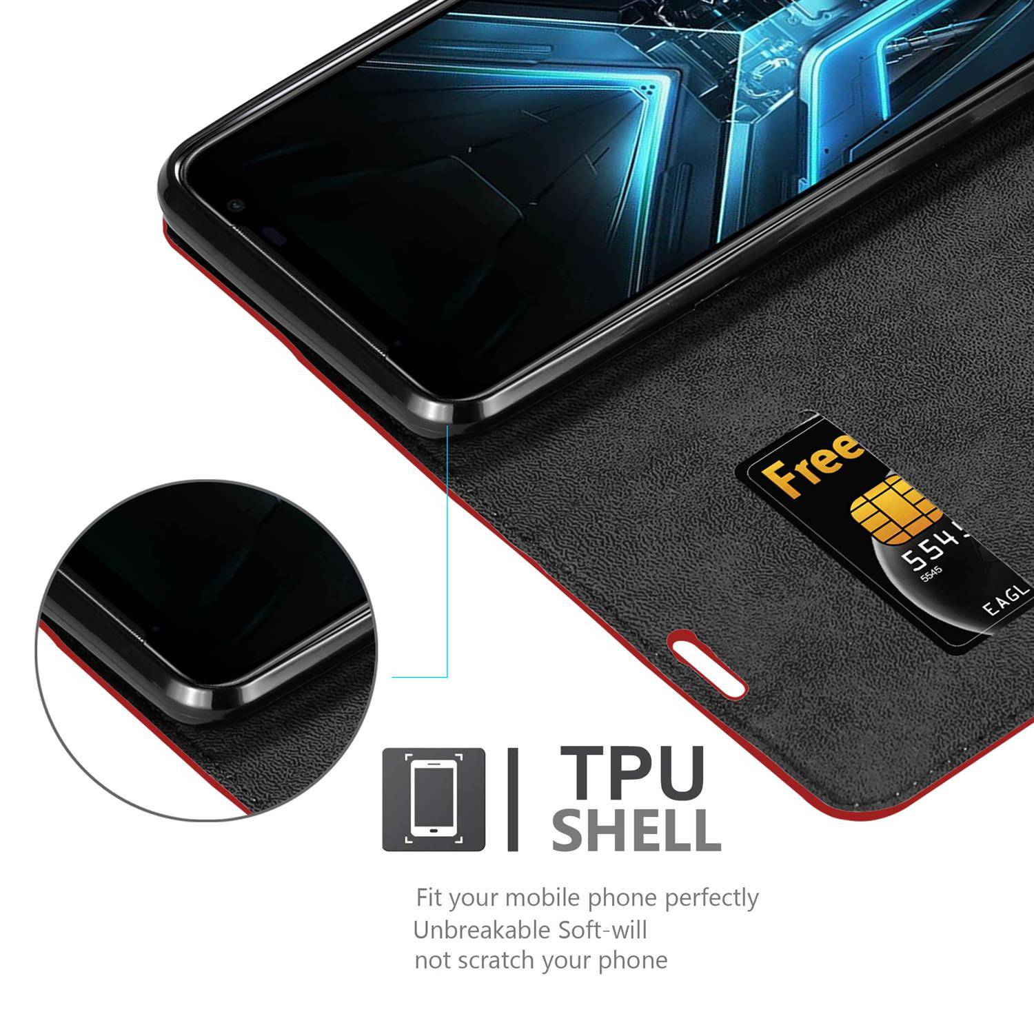 Cadorabo Hülle für Asus ROG Phone 3 Schutz Hülle in Rot Handyhülle Etui Case Cover Magnetverschluss