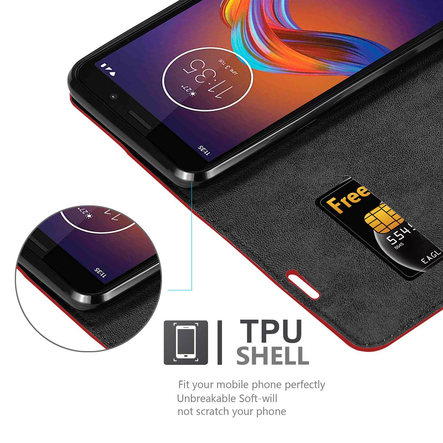 Cadorabo Hülle für Motorola MOTO E6 PLAY Schutz Hülle in Rot Handyhülle Etui Case Cover Magnetverschluss