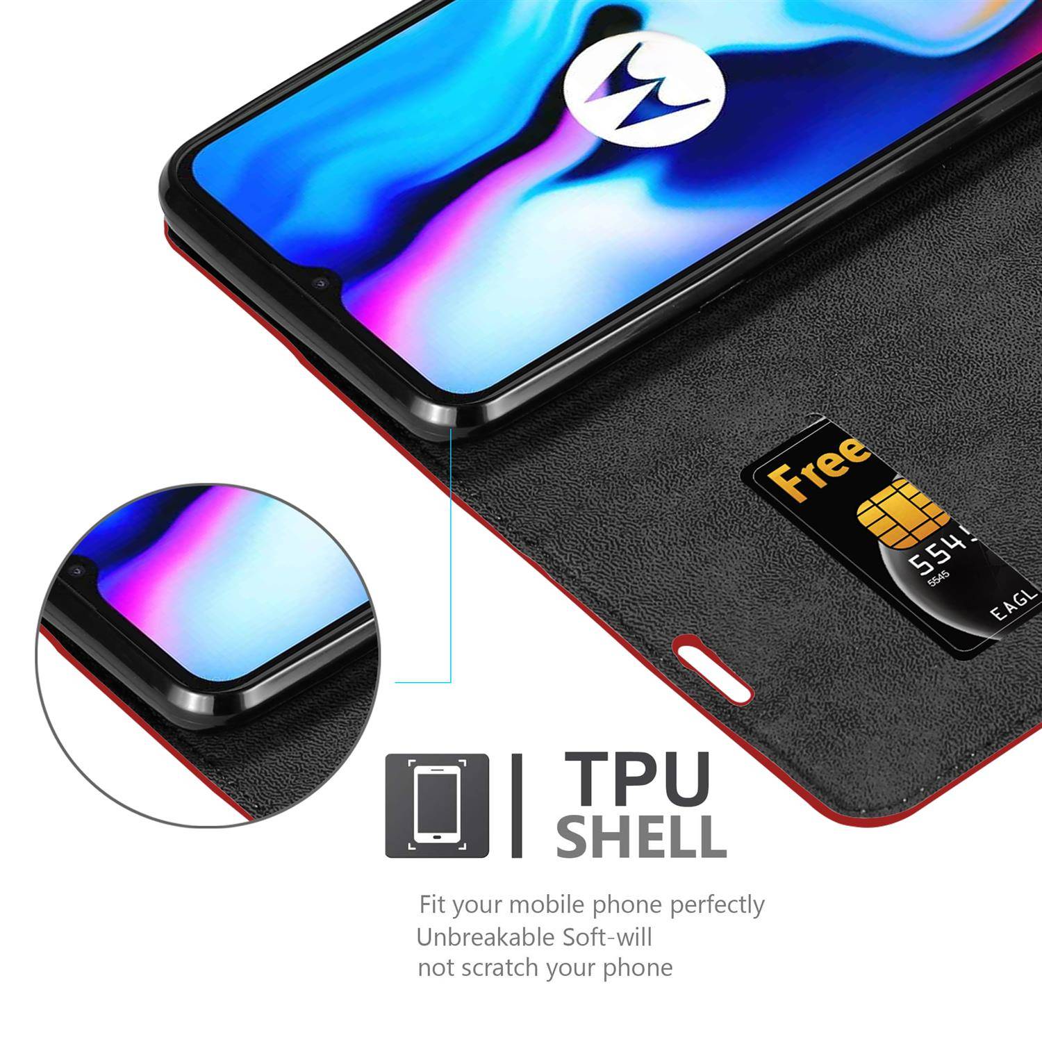 Cadorabo Hülle für Motorola MOTO E7 PLUS Schutz Hülle in Rot Handyhülle Etui Case Cover Magnetverschluss