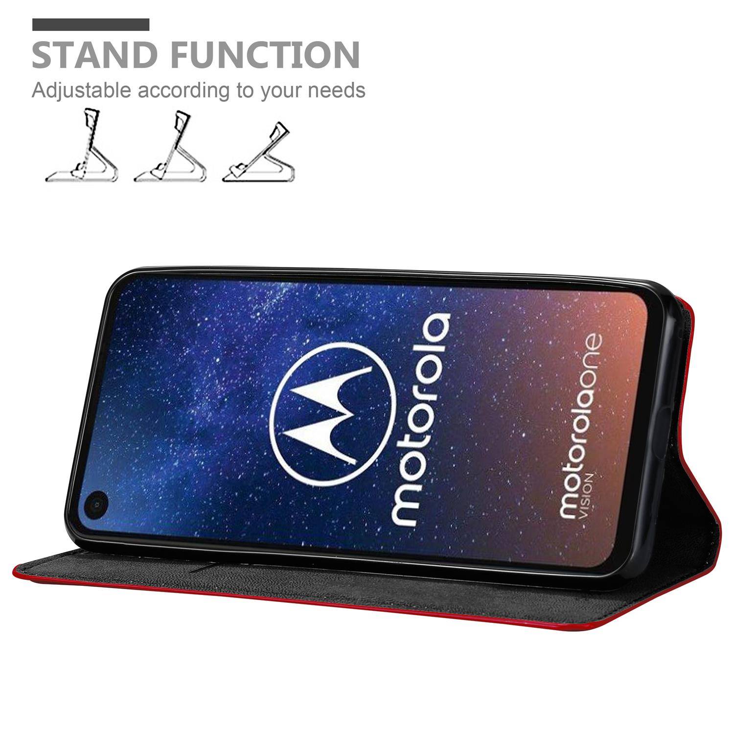 Cadorabo Hülle für Motorola ONE VISION Schutz Hülle in Rot Handyhülle Etui Case Cover Magnetverschluss