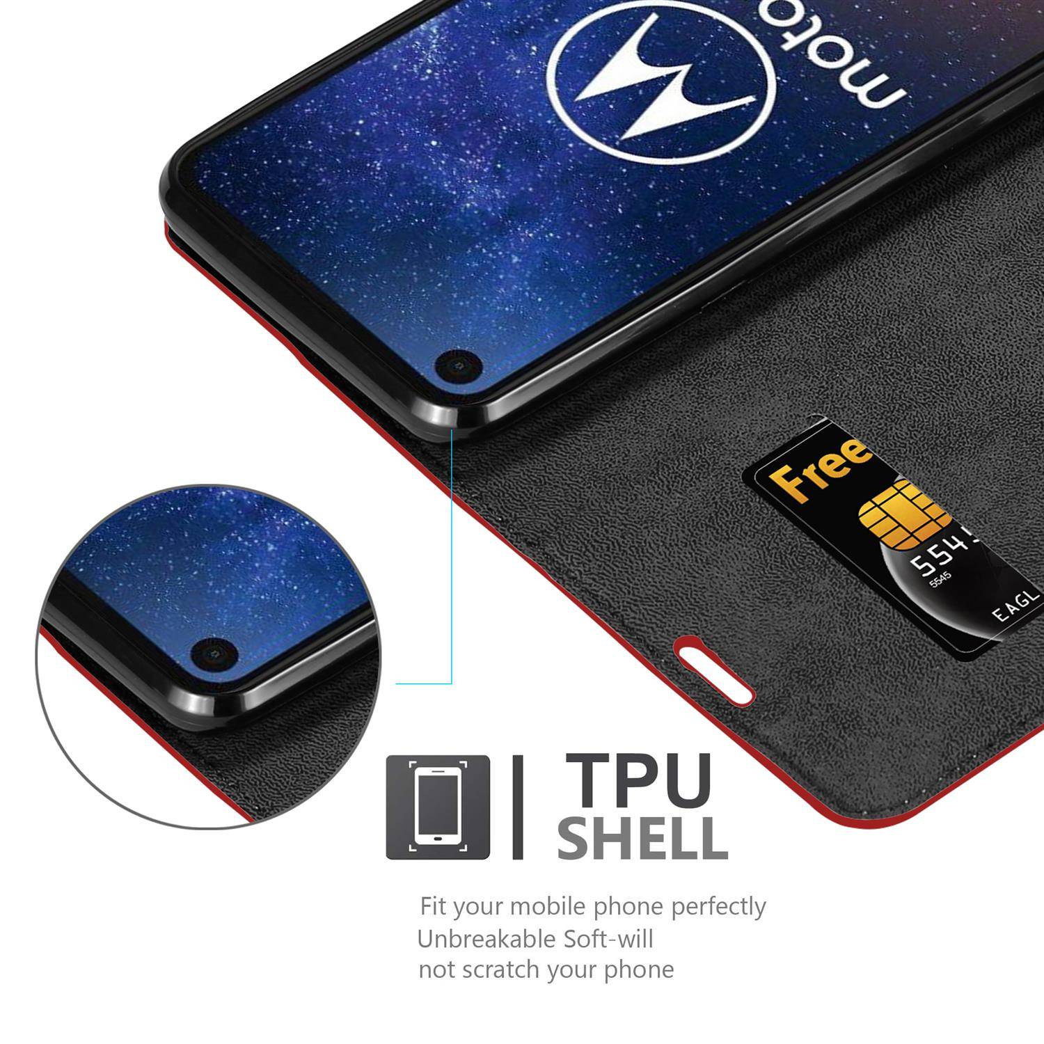 Cadorabo Hülle für Motorola ONE VISION Schutz Hülle in Rot Handyhülle Etui Case Cover Magnetverschluss