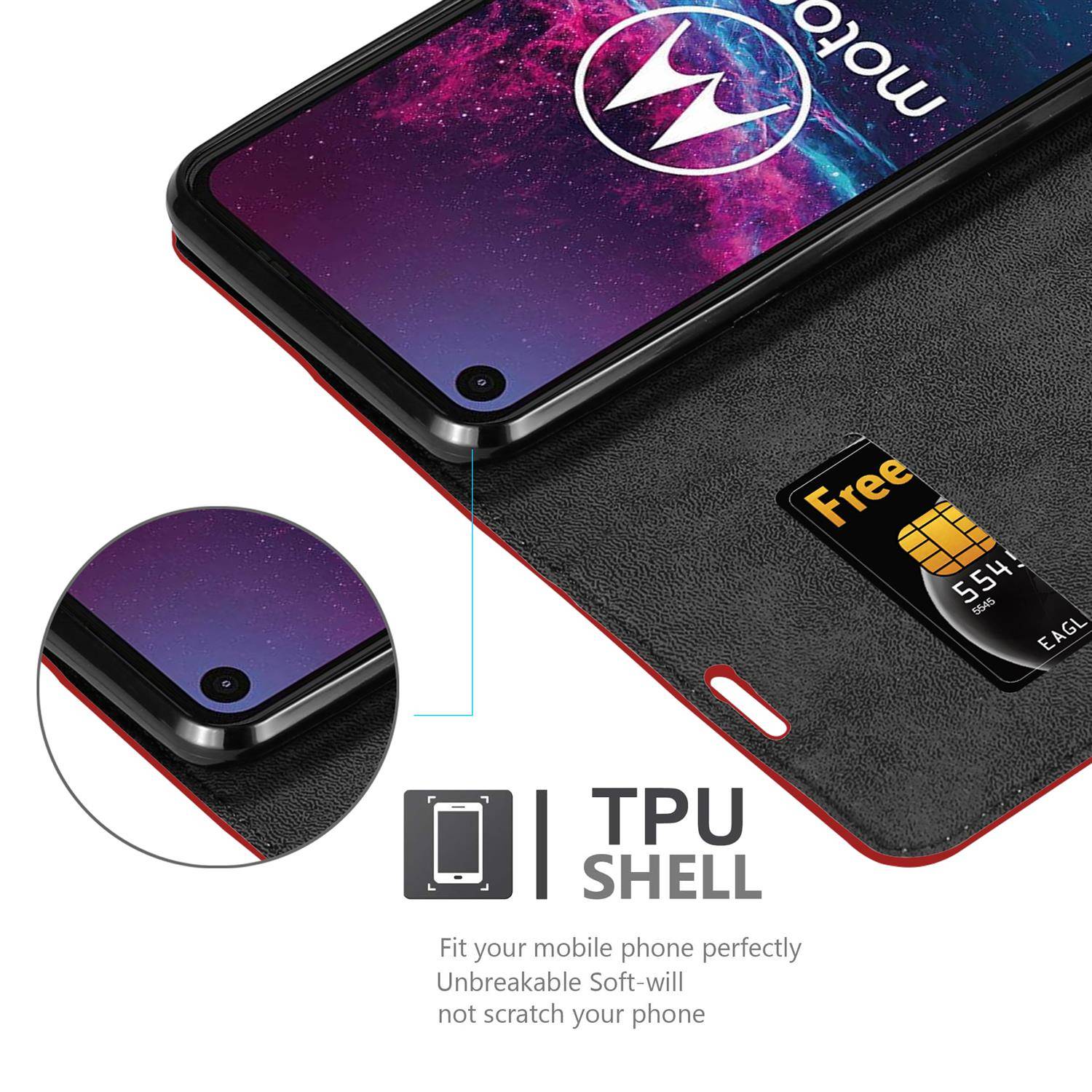 Cadorabo Hülle für Motorola ONE ACTION Schutz Hülle in Rot Handyhülle Etui Case Cover Magnetverschluss