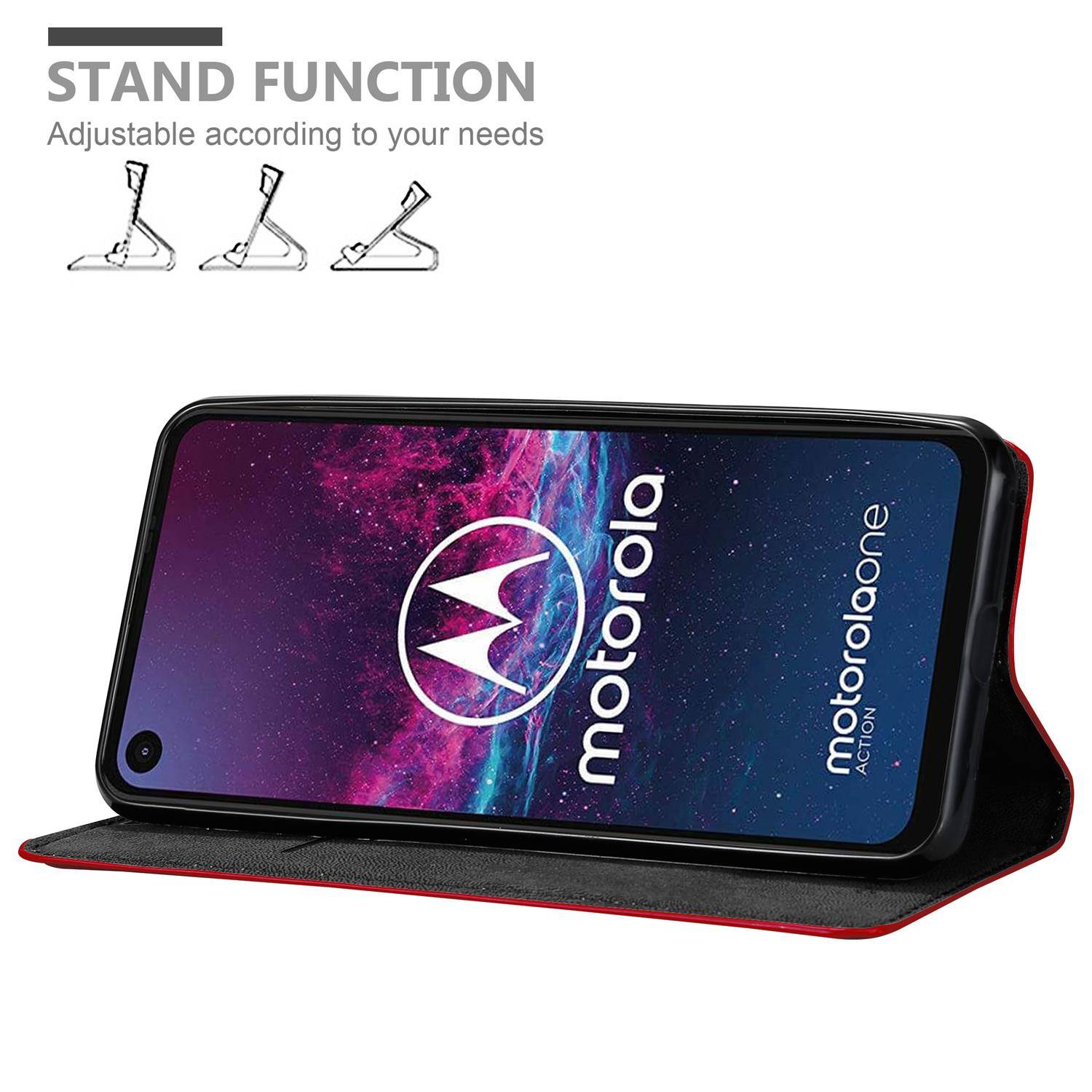 Cadorabo Hülle für Motorola ONE ACTION Schutz Hülle in Rot Handyhülle Etui Case Cover Magnetverschluss