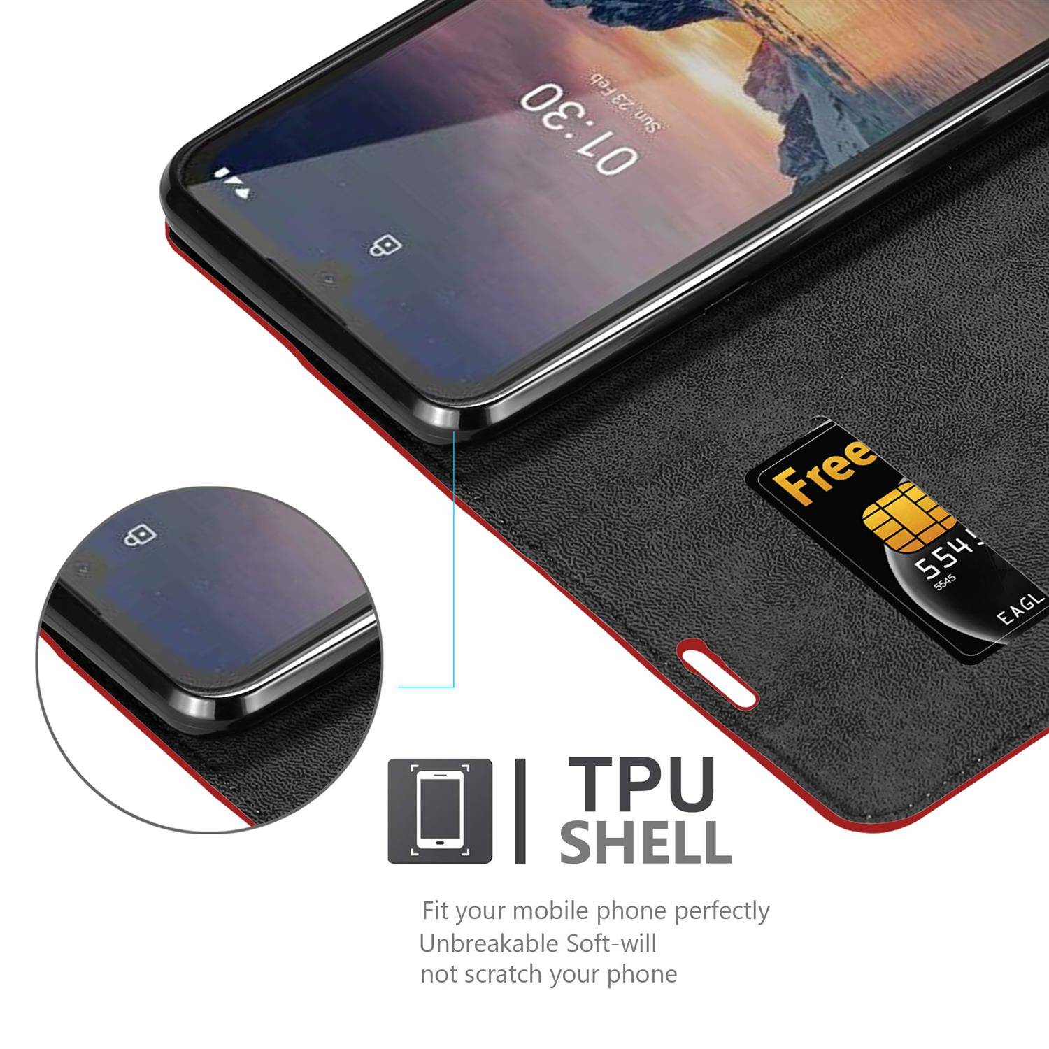 Cadorabo Hülle für Nokia 1.3 Schutz Hülle in Rot Handyhülle Etui Case Cover Magnetverschluss