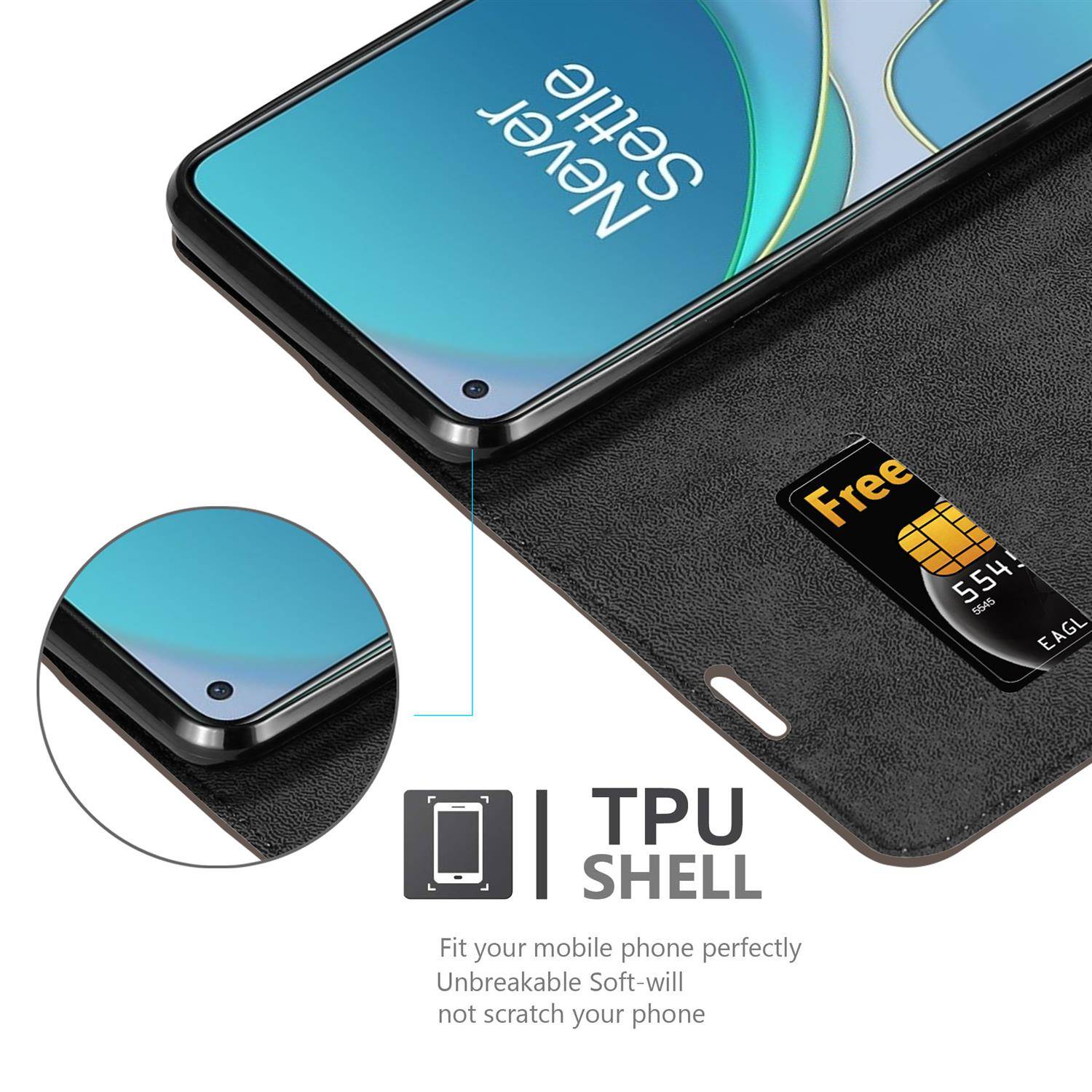Cadorabo Hülle für OnePlus 8T Schutz Hülle in Braun Handyhülle Etui Case Cover Magnetverschluss