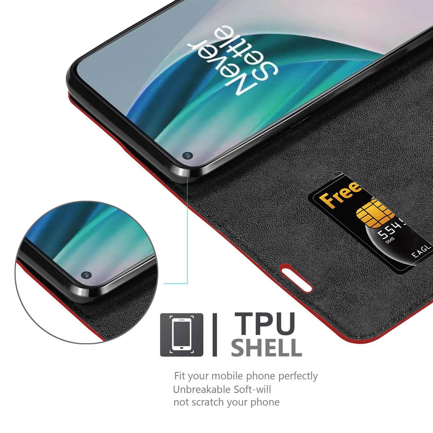 Cadorabo Hülle für OnePlus Nord N100 Schutz Hülle in Rot Handyhülle Etui Case Cover Magnetverschluss