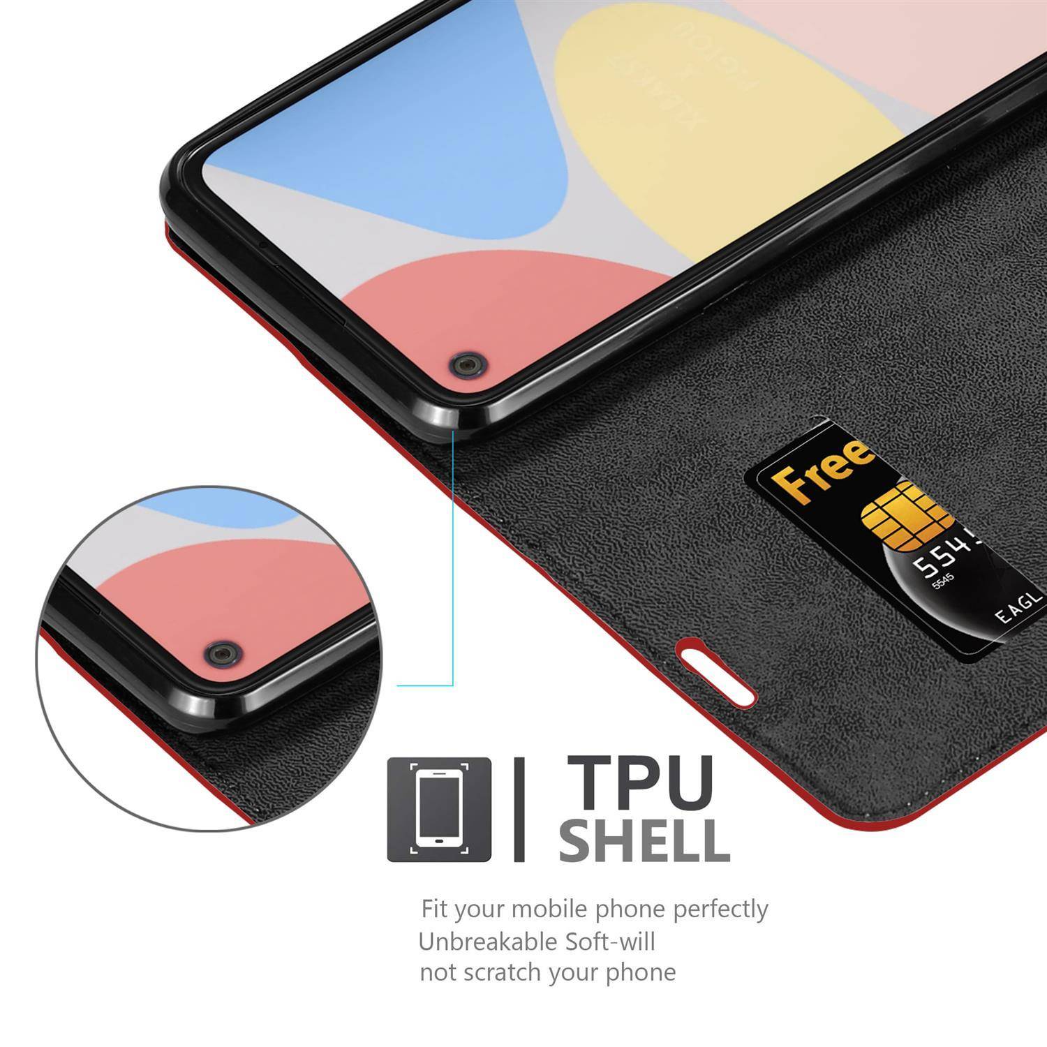 Cadorabo Hülle für Google PIXEL 4A Schutz Hülle in Rot Handyhülle Etui Case Cover Magnetverschluss