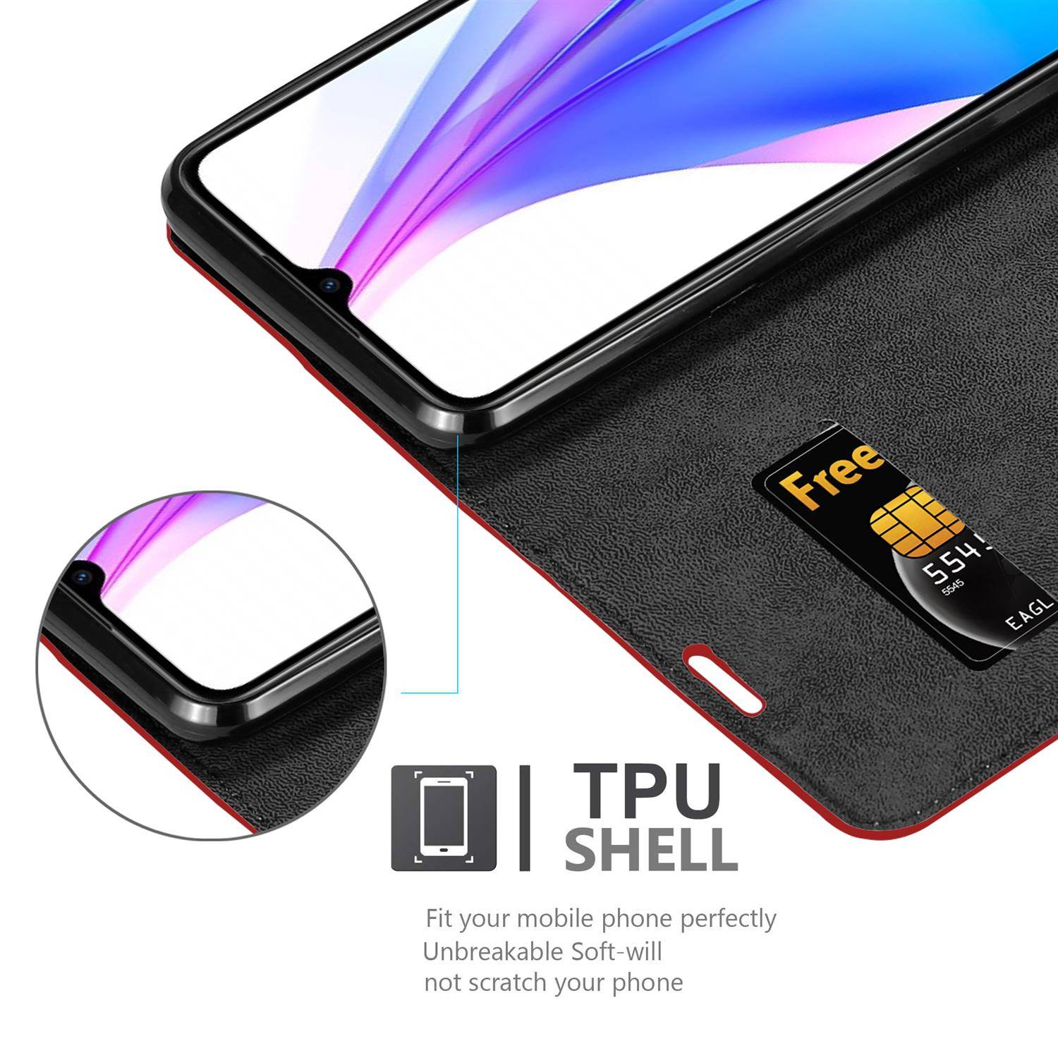 Cadorabo Hülle für Xiaomi RedMi NOTE 8T Schutz Hülle in Rot Handyhülle Etui Case Cover Magnetverschluss
