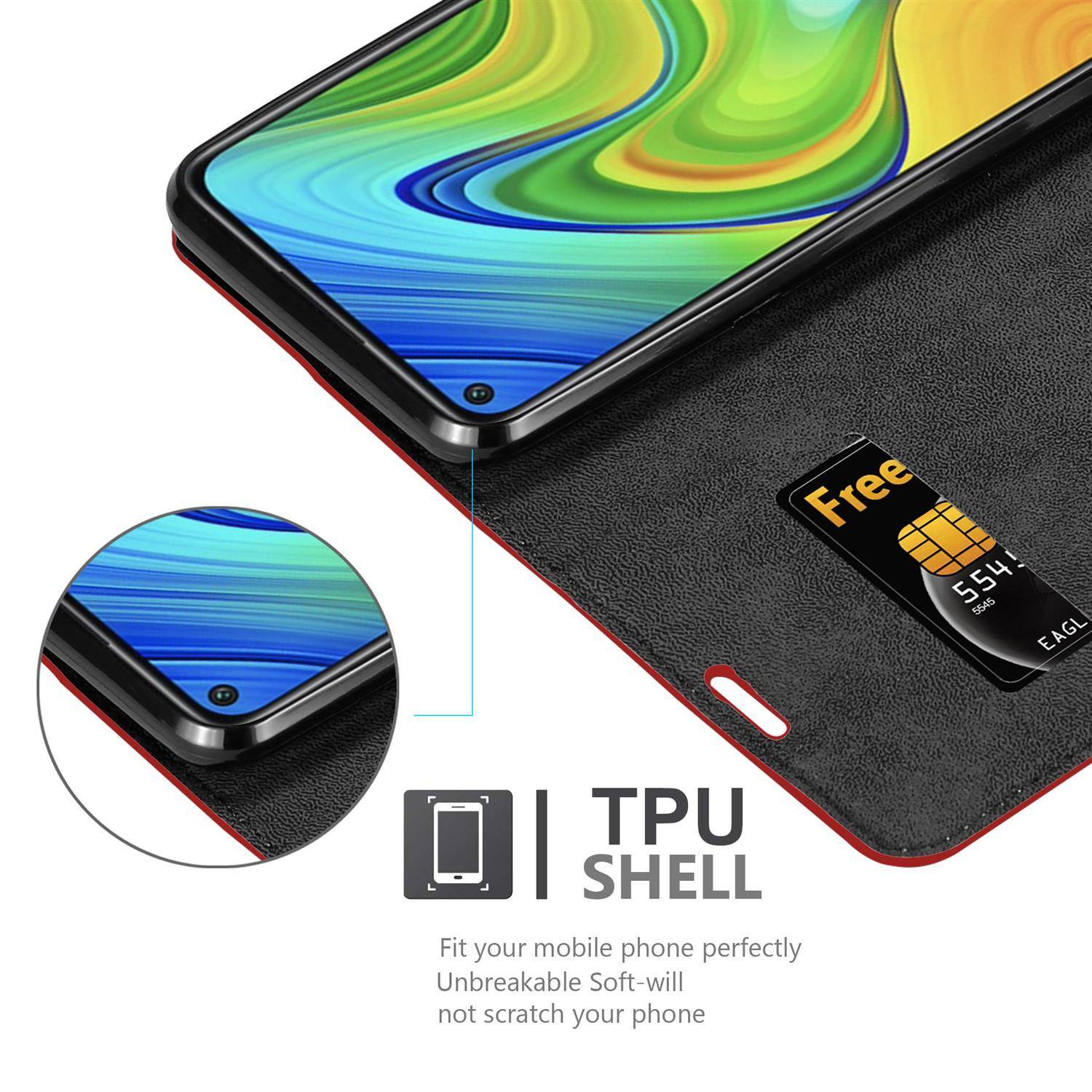 Cadorabo Hülle für Xiaomi RedMi NOTE 9 Schutz Hülle in Rot Handyhülle Etui Case Cover Magnetverschluss