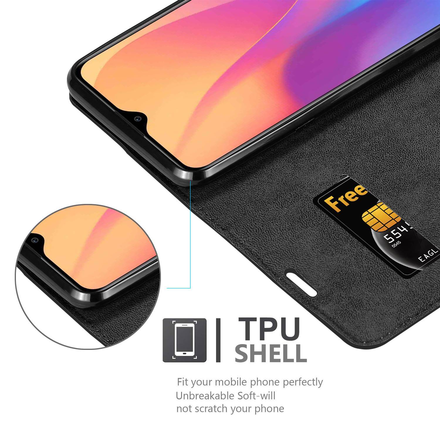 Cadorabo Hülle für Xiaomi RedMi 8A Schutz Hülle in Schwarz Handyhülle Etui Case Cover Magnetverschluss