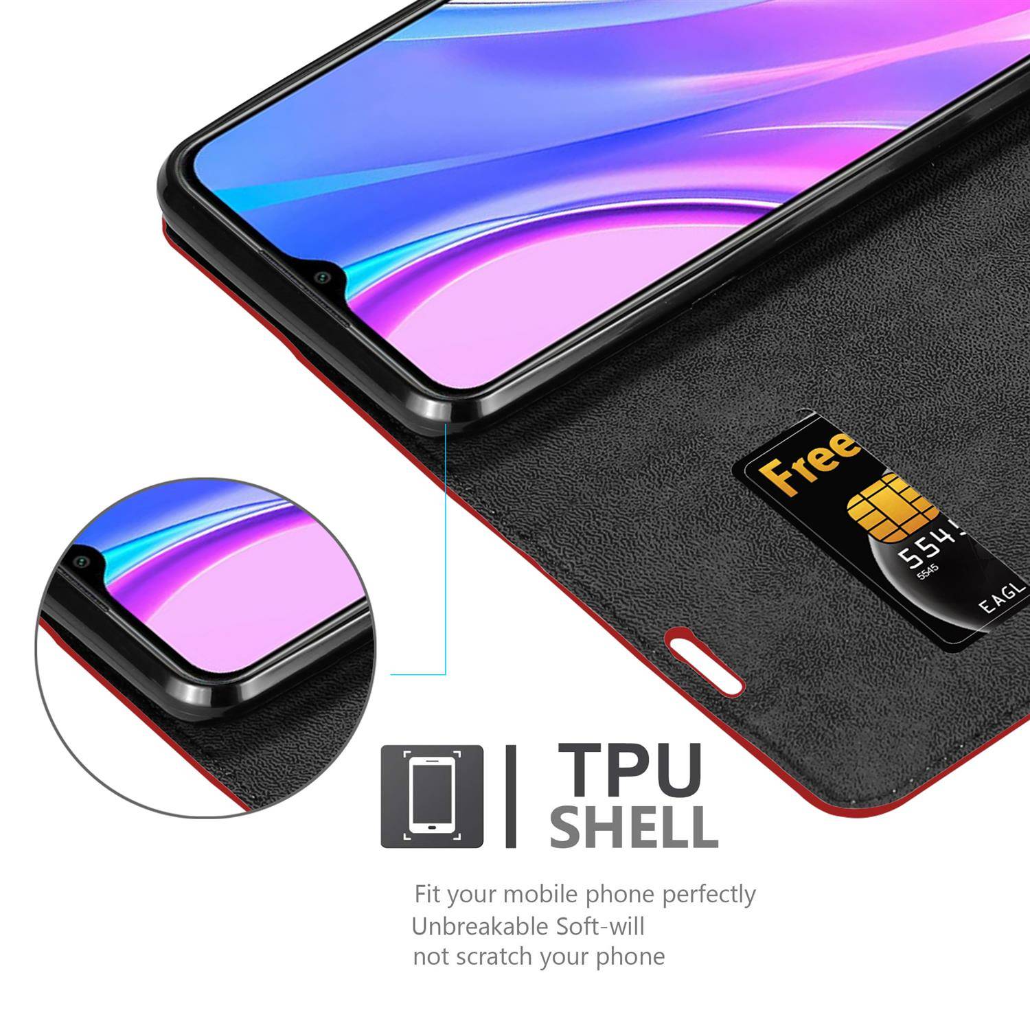 Cadorabo Hülle für Xiaomi RedMi 9 Schutz Hülle in Rot Handyhülle Etui Case Cover Magnetverschluss