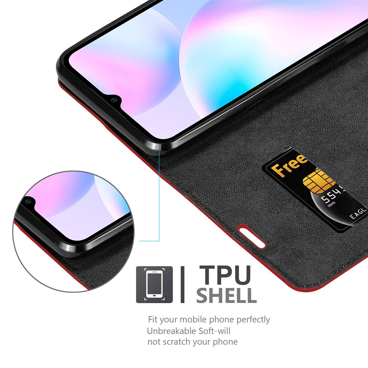 Cadorabo Hülle für Xiaomi RedMi 9A / RedMi 9AT Schutz Hülle in Rot Handyhülle Etui Case Cover Magnetverschluss