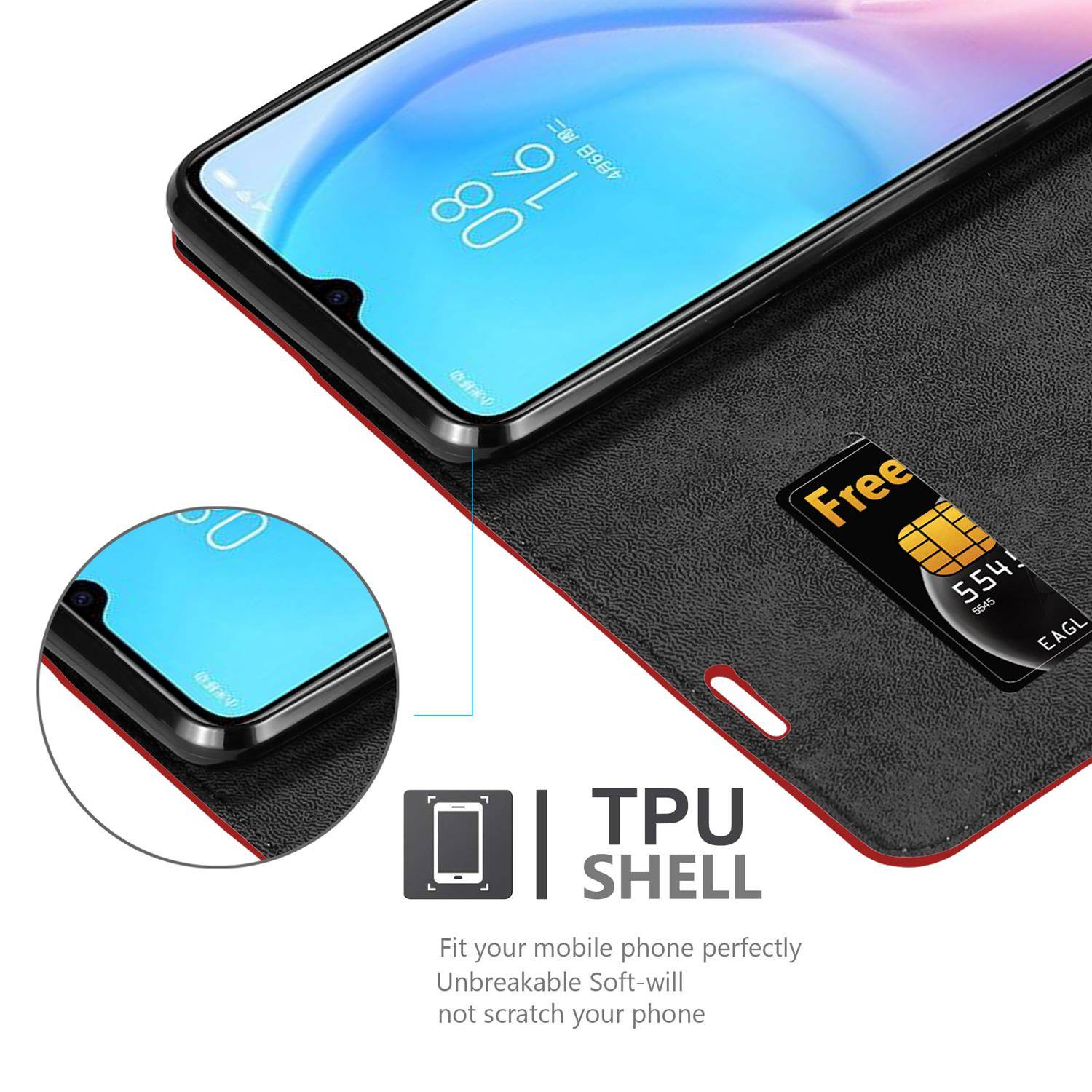 Cadorabo Hülle für Xiaomi Mi 9 LITE Schutz Hülle in Rot Handyhülle Etui Case Cover Magnetverschluss