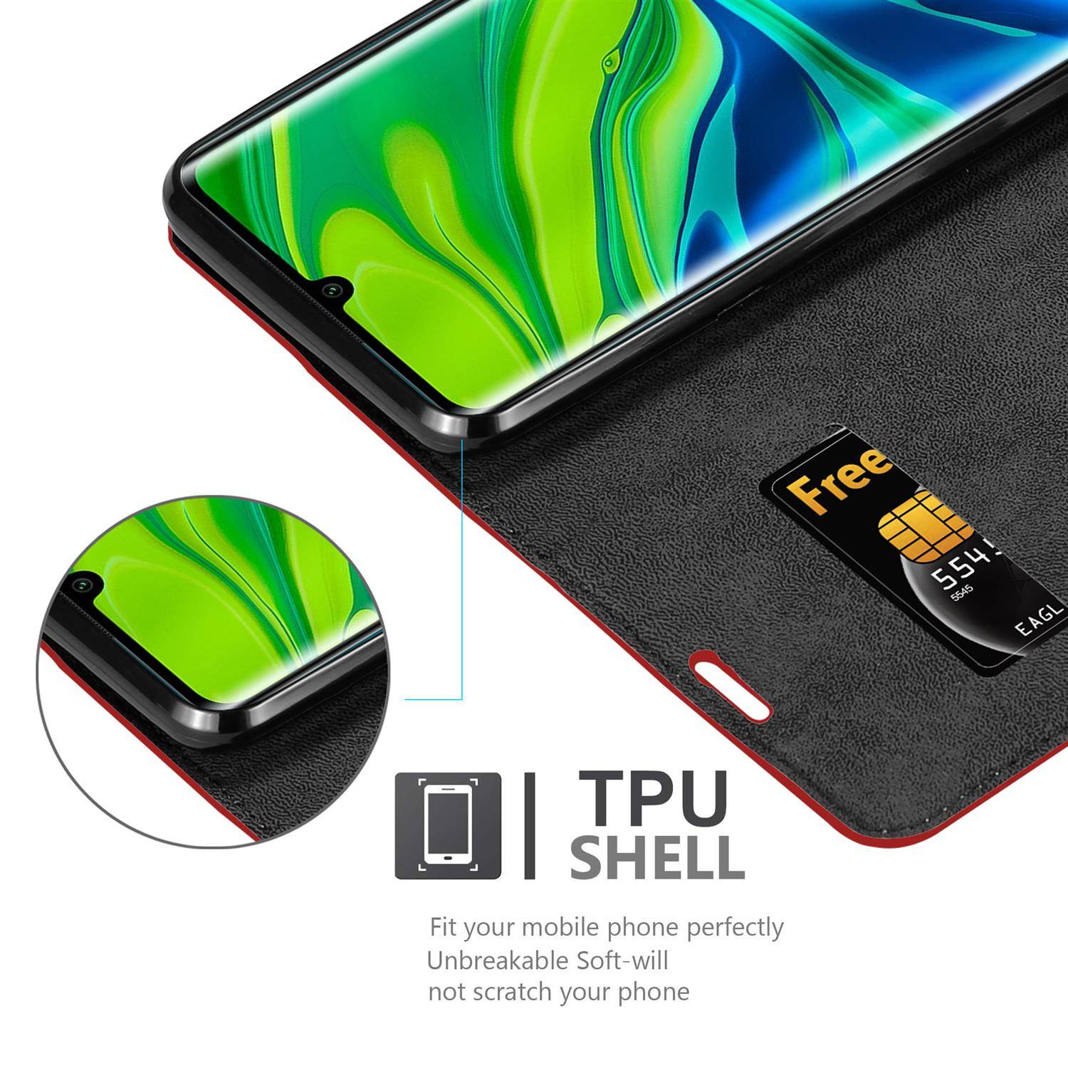 Cadorabo Hülle für Xiaomi Mi NOTE 10 Schutz Hülle in Rot Handyhülle Etui Case Cover Magnetverschluss