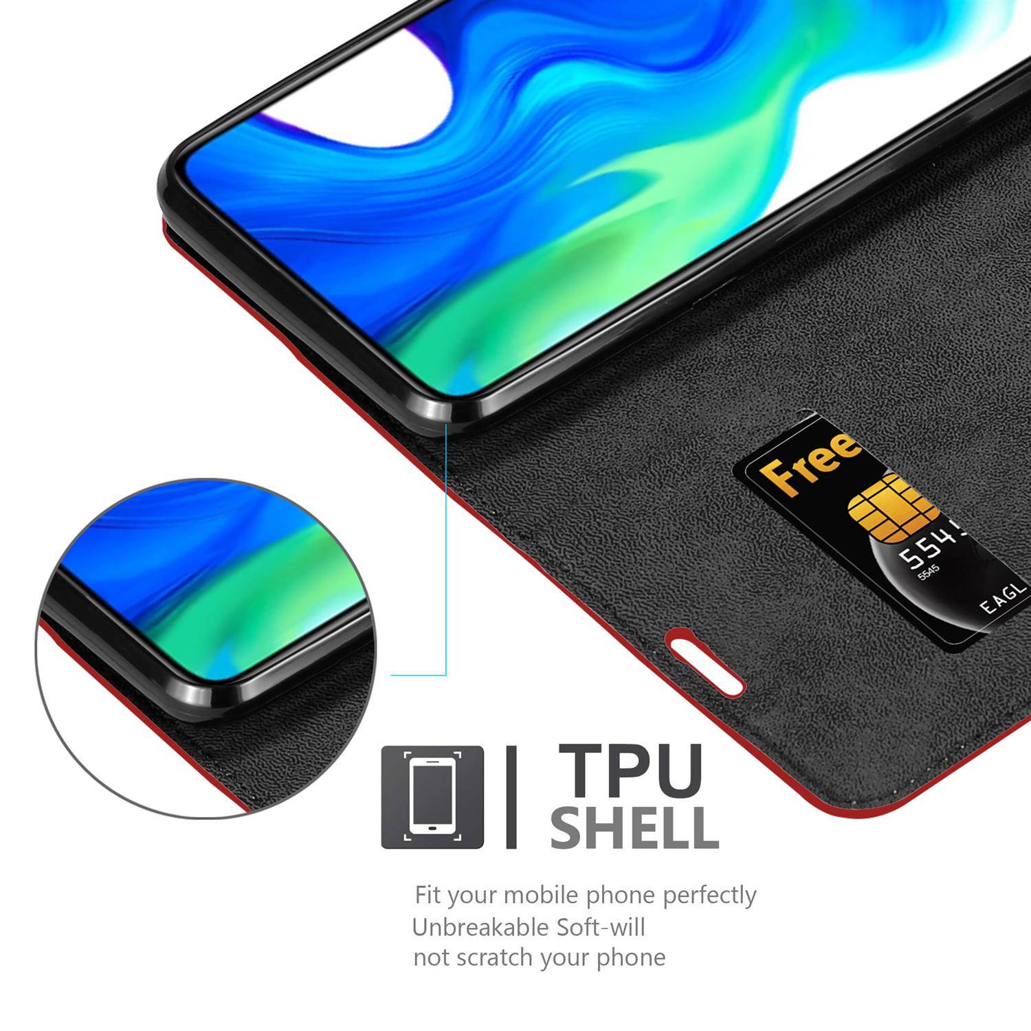 Cadorabo Hülle für Xiaomi POCO F2 PRO Schutz Hülle in Rot Handyhülle Etui Case Cover Magnetverschluss