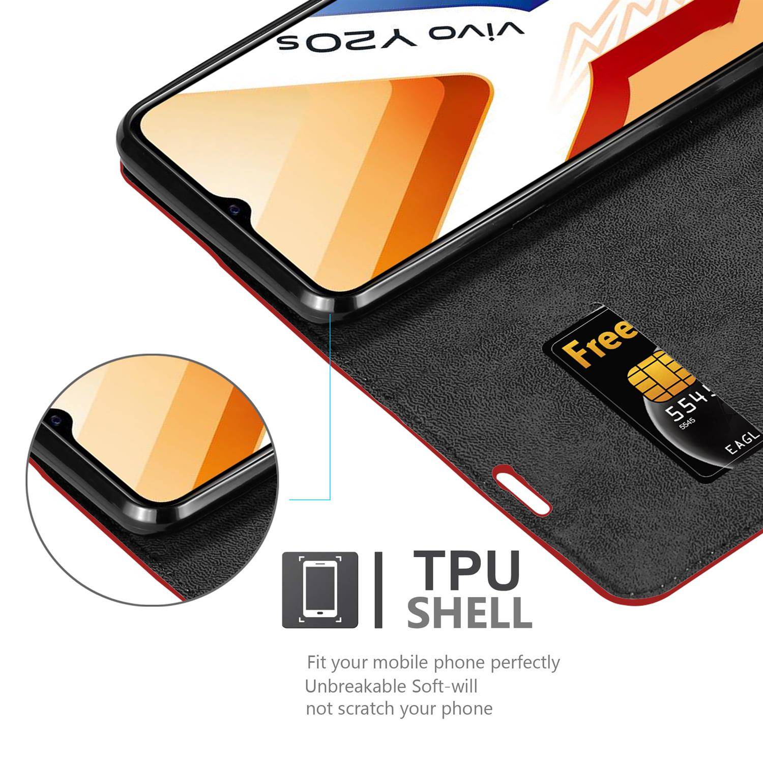 Cadorabo Hülle für Vivo Y20s Schutz Hülle in Rot Handyhülle Etui Case Cover Magnetverschluss