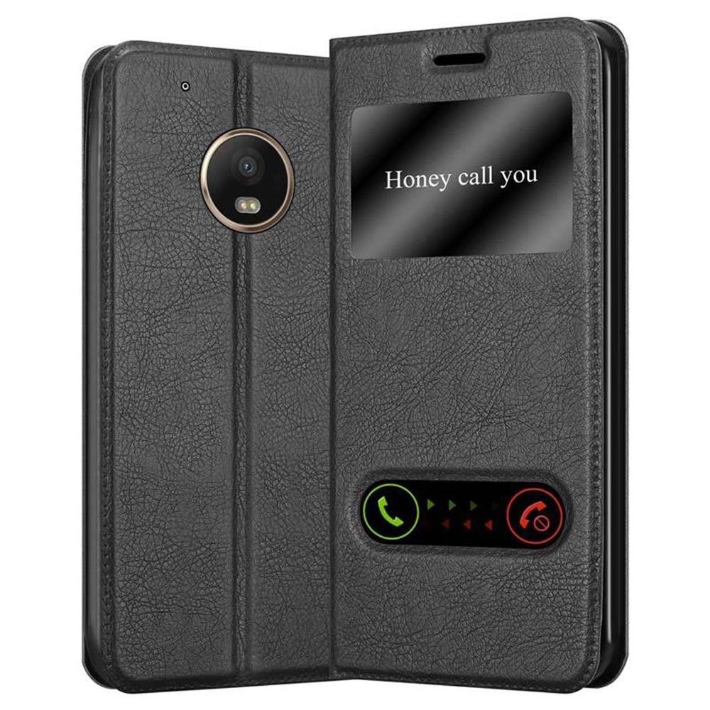 Cadorabo Handy Hülle mit Fenster für Motorola MOTO G5S PLUS Hülle in KOMETEN SCHWARZ , Schutzhülle Tasche case cover mit Standfunktion, Magnetvers