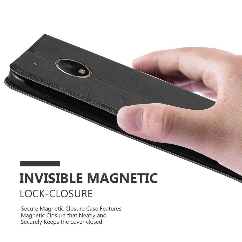 Cadorabo Handy Hülle mit Fenster für Motorola MOTO G5S PLUS Hülle in KOMETEN SCHWARZ , Schutzhülle Tasche case cover mit Standfunktion, Magnetvers