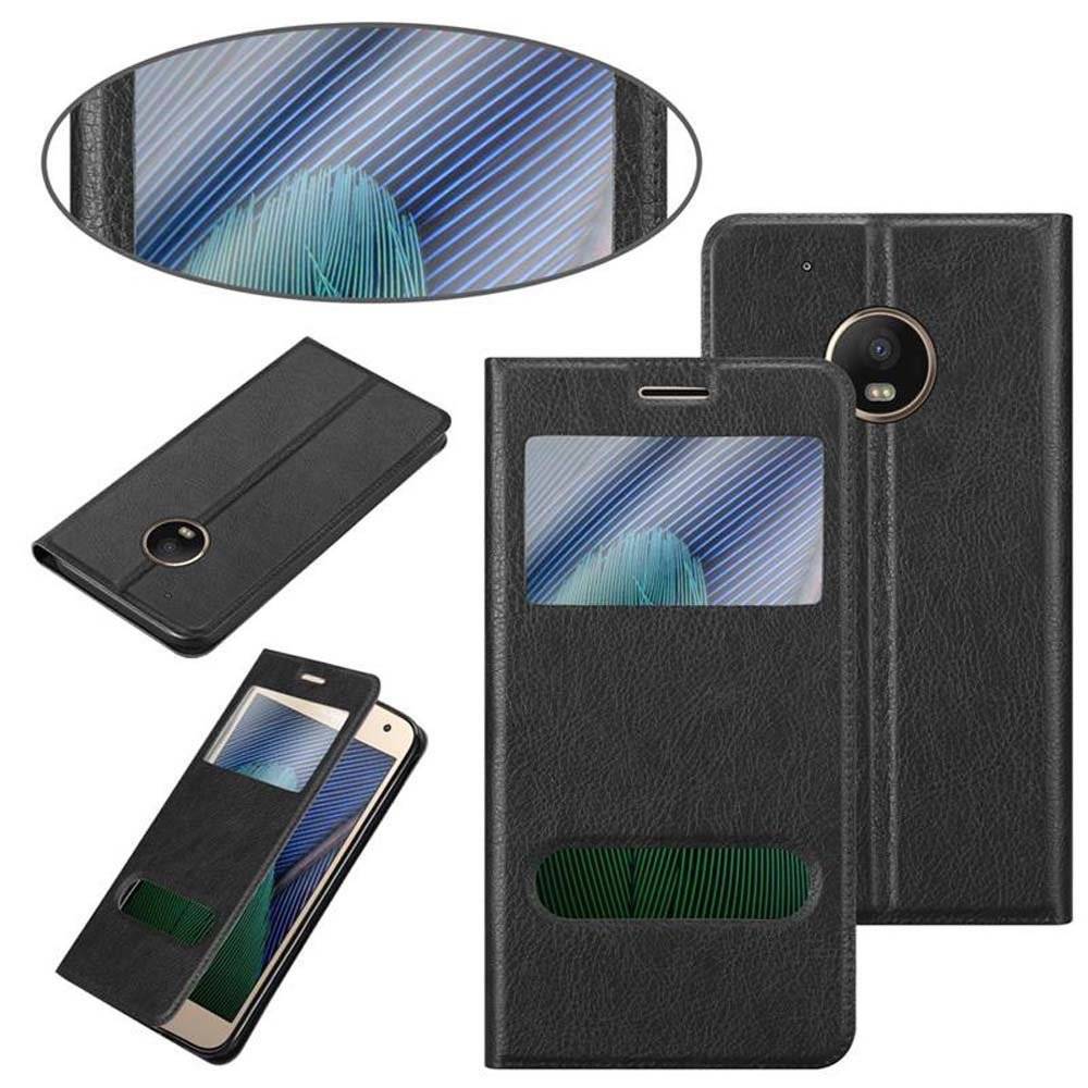 Cadorabo Handy Hülle mit Fenster für Motorola MOTO G5S PLUS Hülle in KOMETEN SCHWARZ , Schutzhülle Tasche case cover mit Standfunktion, Magnetvers