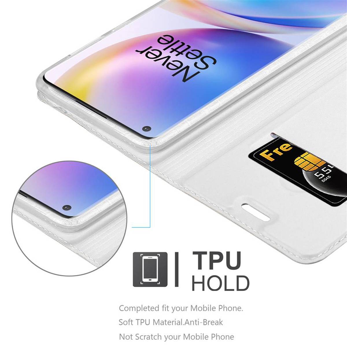 Cadorabo Handyhülle für OnePlus 8 PRO Schutz Hülle in Silber Cover Etui Book Case Booklet