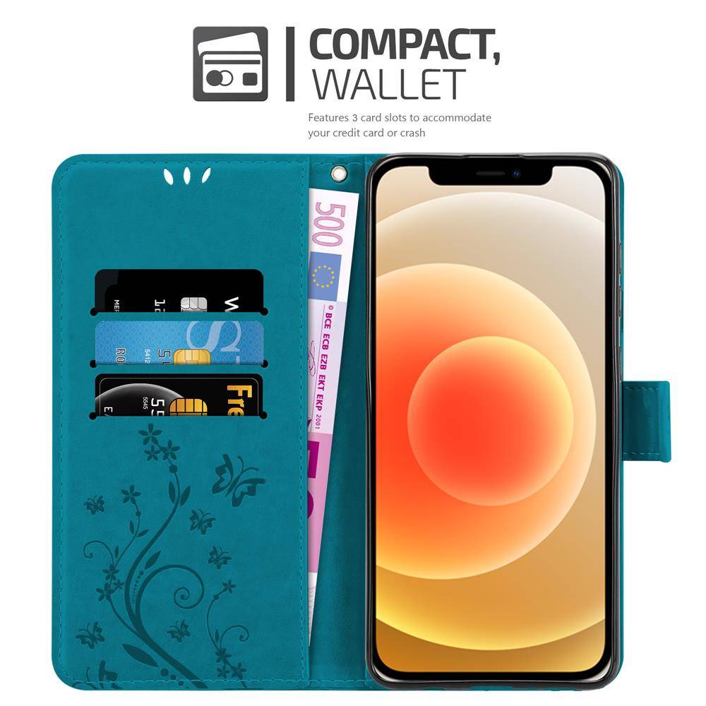 Cadorabo Hülle für Apple iPhone 12 MINI Schutz Hülle in Blau Schutzhülle Handy Hülle Etui Case Blumen Flower