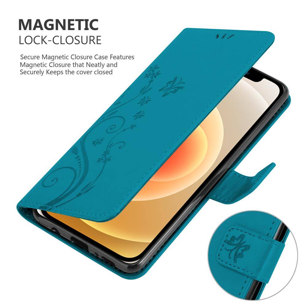 Cadorabo Hülle für Apple iPhone 12 MINI Schutz Hülle in Blau Schutzhülle Handy Hülle Etui Case Blumen Flower