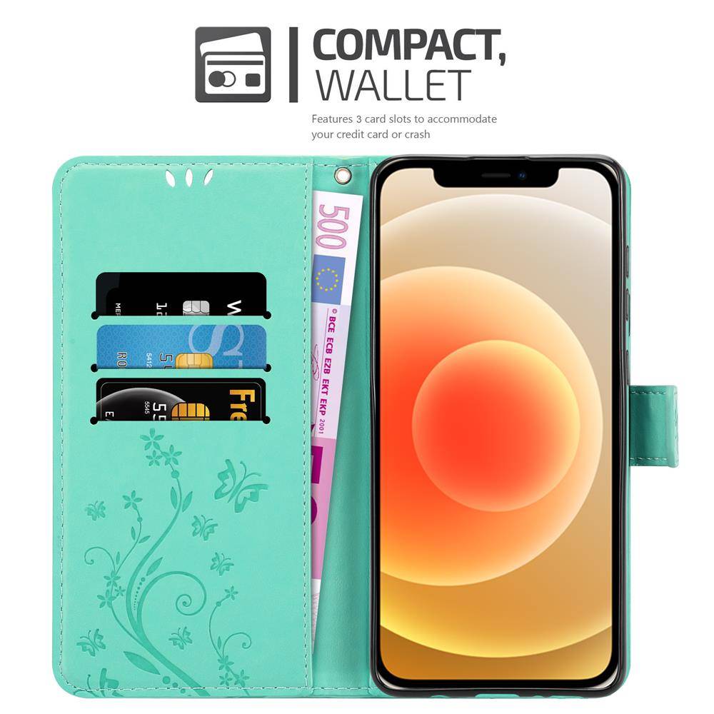 Cadorabo Hülle für Apple iPhone 12 MINI Schutz Hülle in Türkis Schutzhülle Handy Hülle Etui Case Blumen Flower