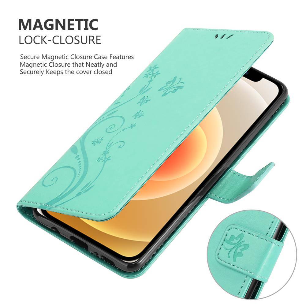 Cadorabo Hülle für Apple iPhone 12 MINI Schutz Hülle in Türkis Schutzhülle Handy Hülle Etui Case Blumen Flower