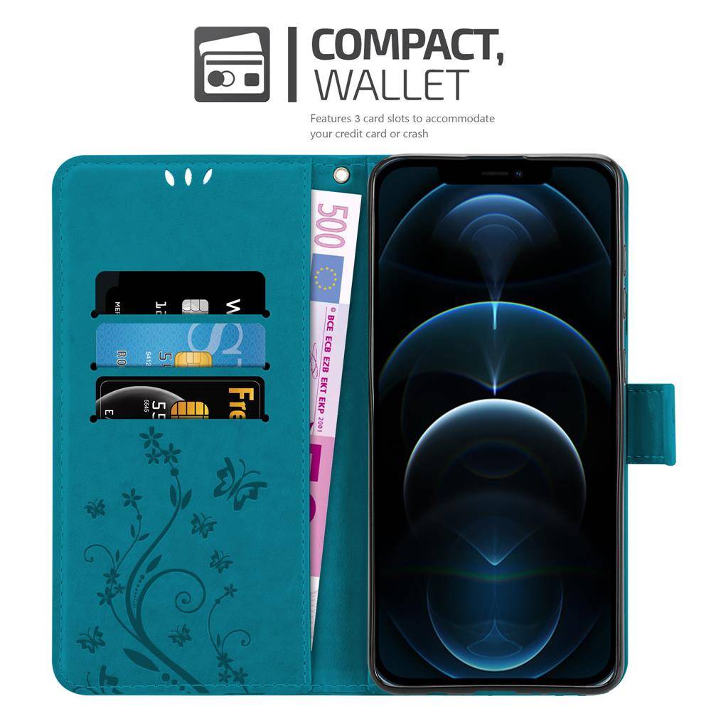 Cadorabo Hülle für Apple iPhone 12 / 12 PRO Schutz Hülle in Blau Schutzhülle Handy Hülle Etui Case Blumen Flower