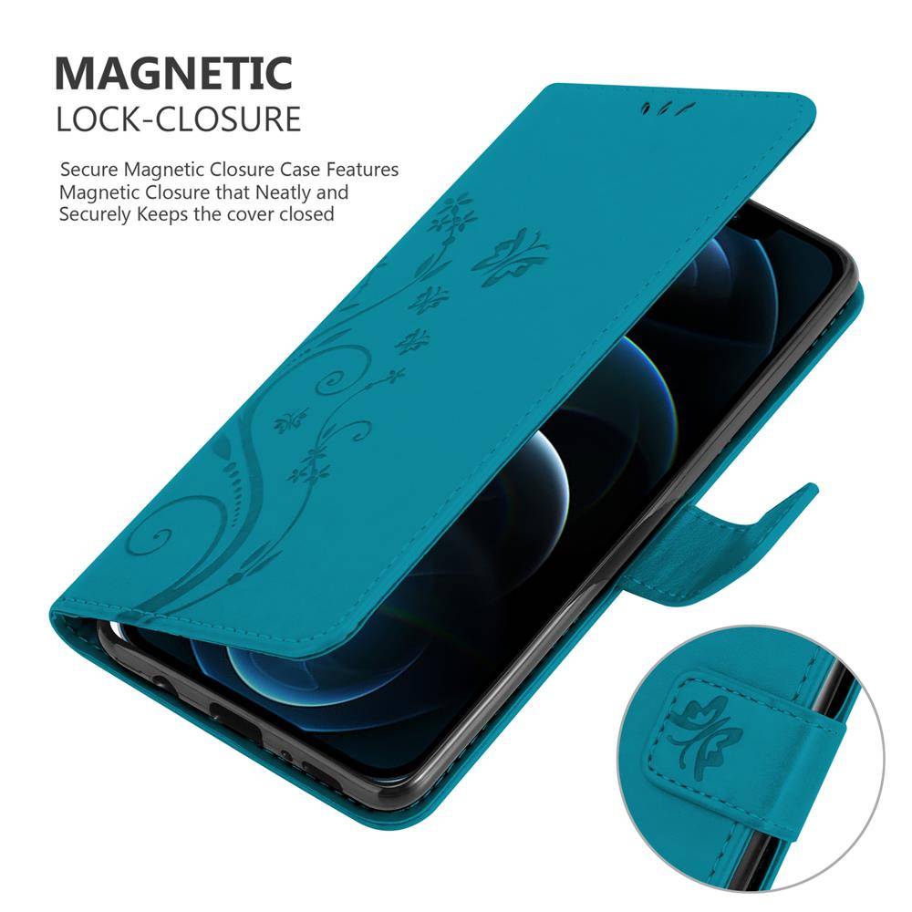 Cadorabo Hülle für Apple iPhone 12 / 12 PRO Schutz Hülle in Blau Schutzhülle Handy Hülle Etui Case Blumen Flower