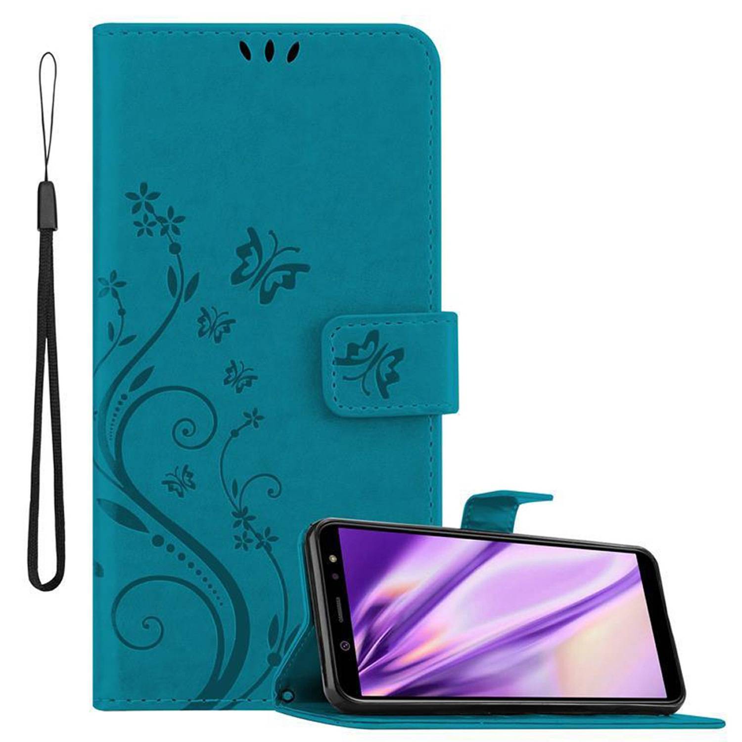 Cadorabo Hülle für Samsung Galaxy A6 2018 Schutz Hülle in Blau Schutzhülle Handy Hülle Etui Case Blumen Flower