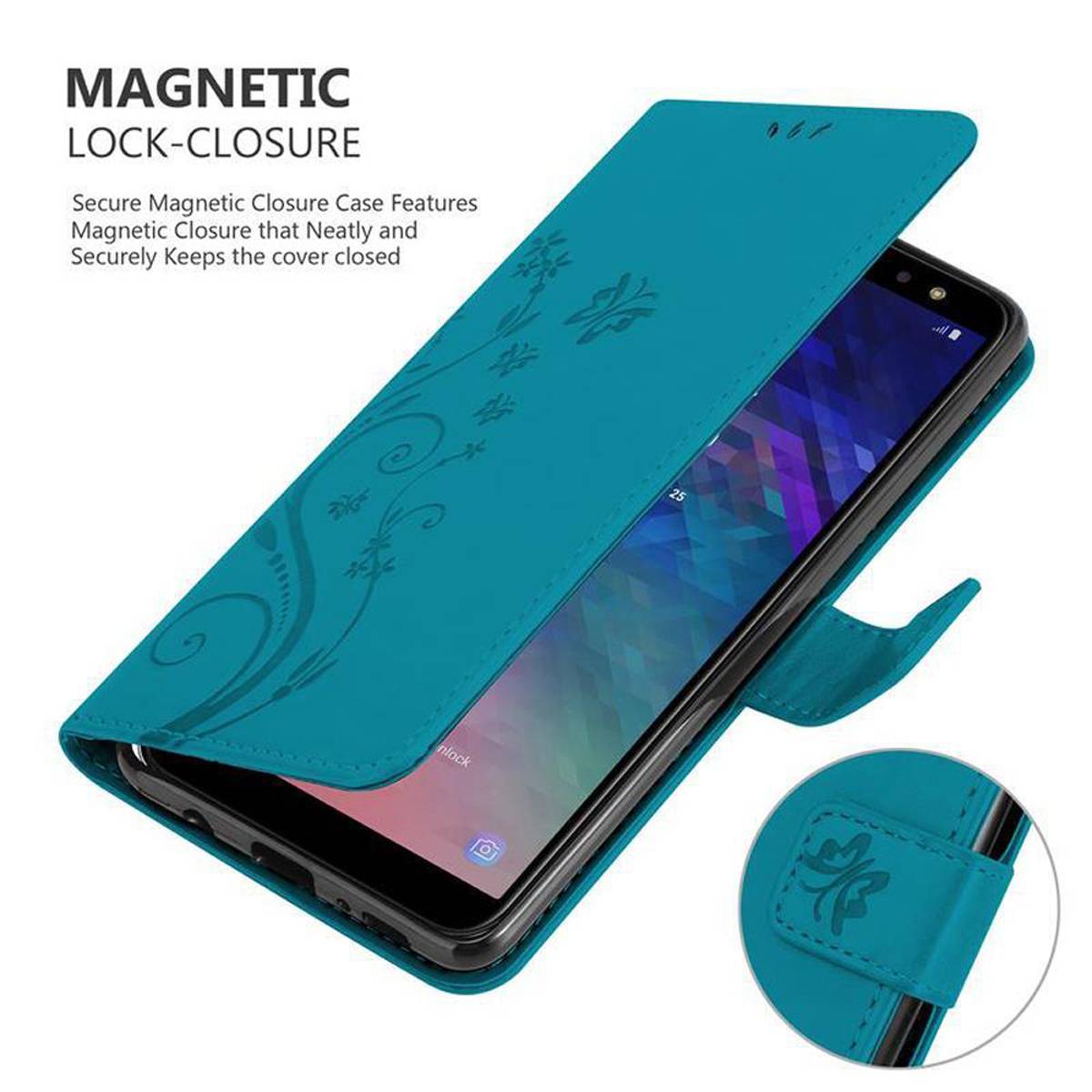 Cadorabo Hülle für Samsung Galaxy A6 2018 Schutz Hülle in Blau Schutzhülle Handy Hülle Etui Case Blumen Flower