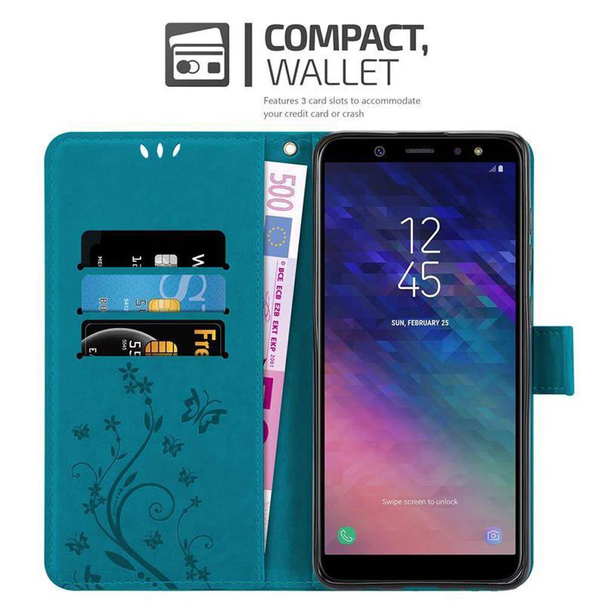 Cadorabo Hülle für Samsung Galaxy A6 2018 Schutz Hülle in Blau Schutzhülle Handy Hülle Etui Case Blumen Flower