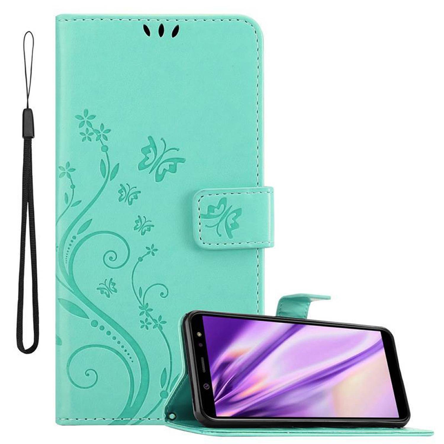 Cadorabo Hülle für Samsung Galaxy A6 2018 Schutz Hülle in Türkis Schutzhülle Handy Hülle Etui Case Blumen Flower