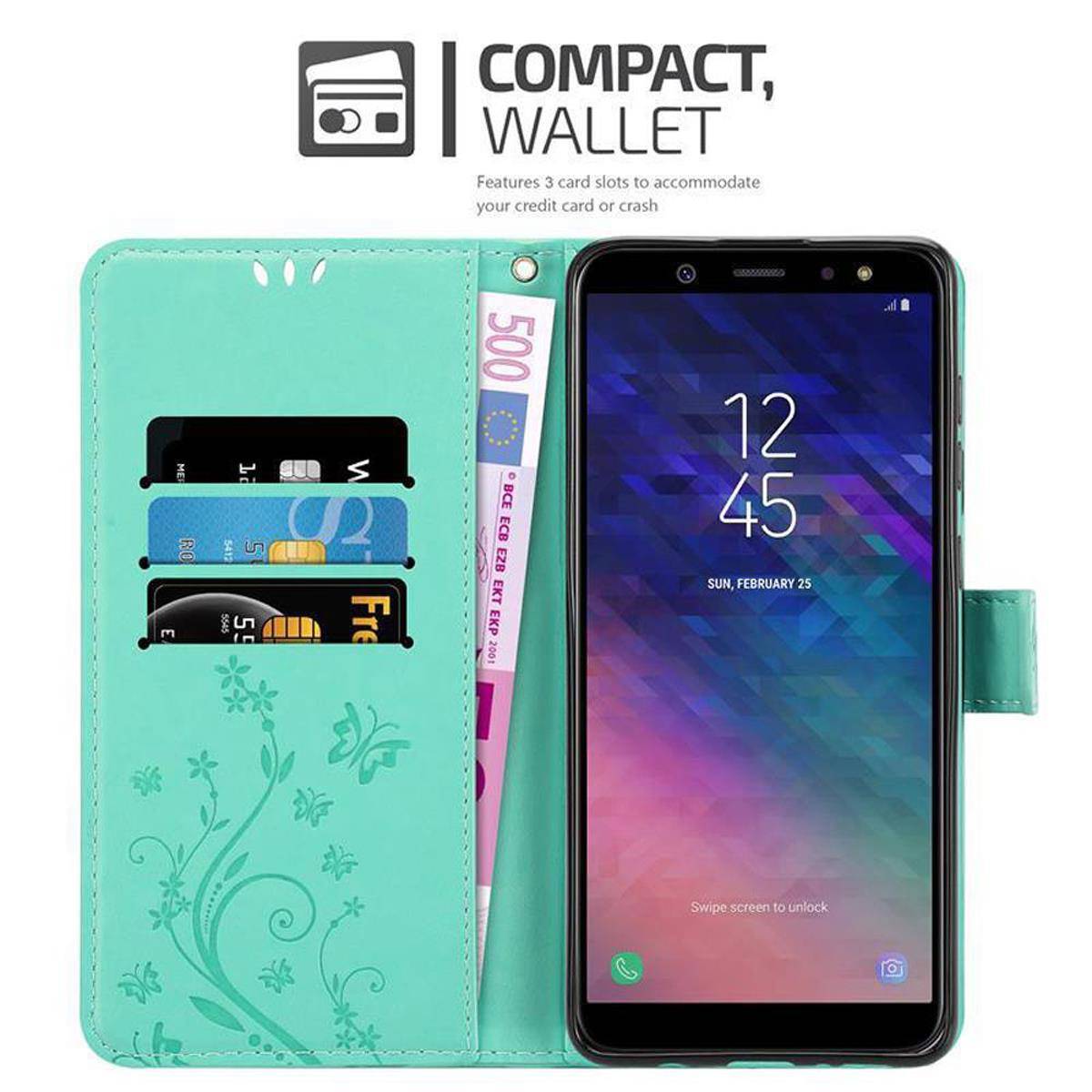 Cadorabo Hülle für Samsung Galaxy A6 2018 Schutz Hülle in Türkis Schutzhülle Handy Hülle Etui Case Blumen Flower