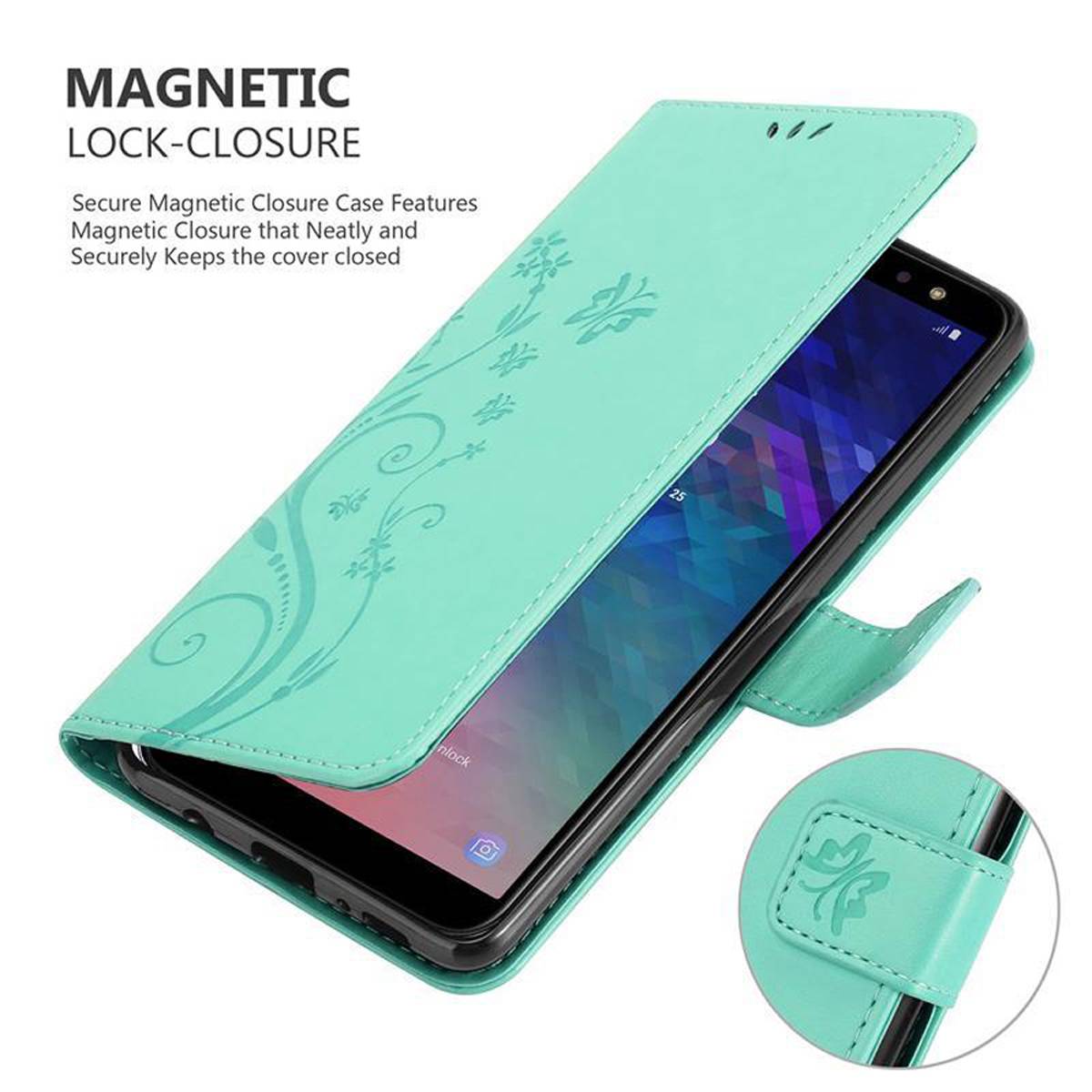 Cadorabo Hülle für Samsung Galaxy A6 2018 Schutz Hülle in Türkis Schutzhülle Handy Hülle Etui Case Blumen Flower